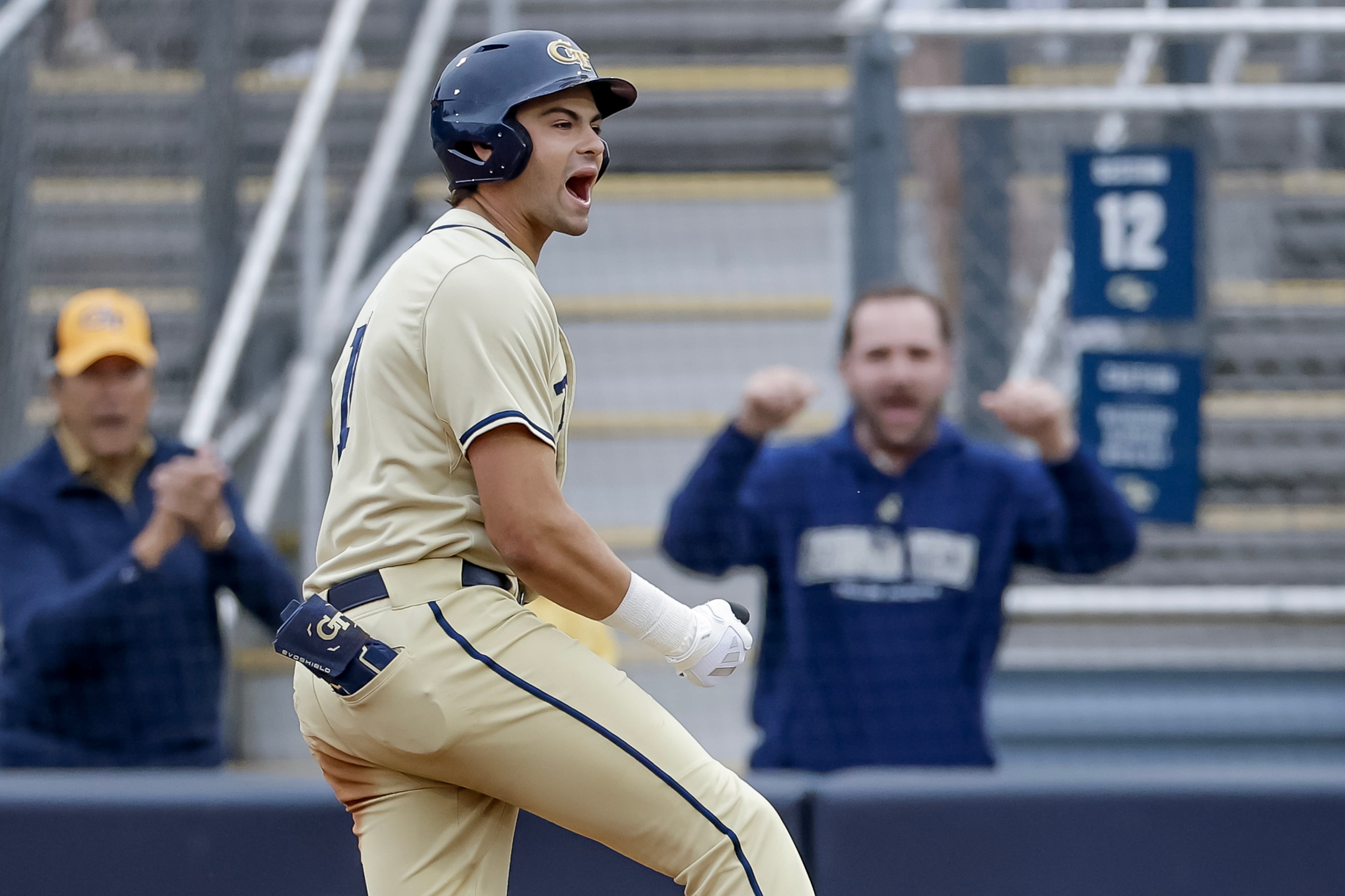 Georgia Tech's Ryan Zuckerman (11) reacts after hitting a two RBI single against Oklahoma during the third inning of the Atlanta Regional game at Russ Chandler Stadium, Sunday, May 31, 2026, in Atlanta. (Erik S. Lesser for the AJC)
