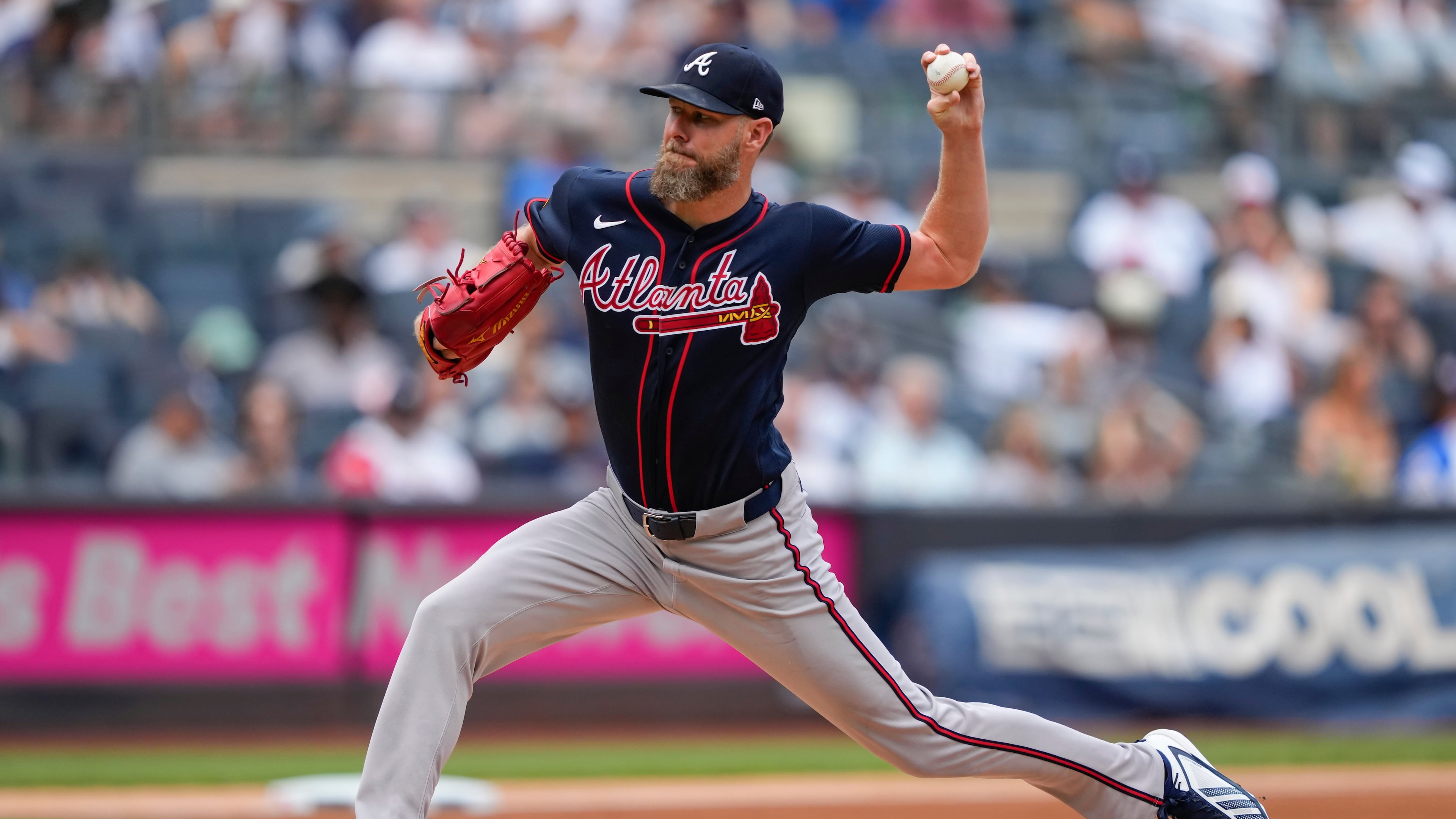 Atlanta Braves pitcher Chris Sale throws during the first inning of a baseball game against the New York Yankees, Saturday, Aug. 8, 2026, in New York. (Yuki Iwamura/AP)