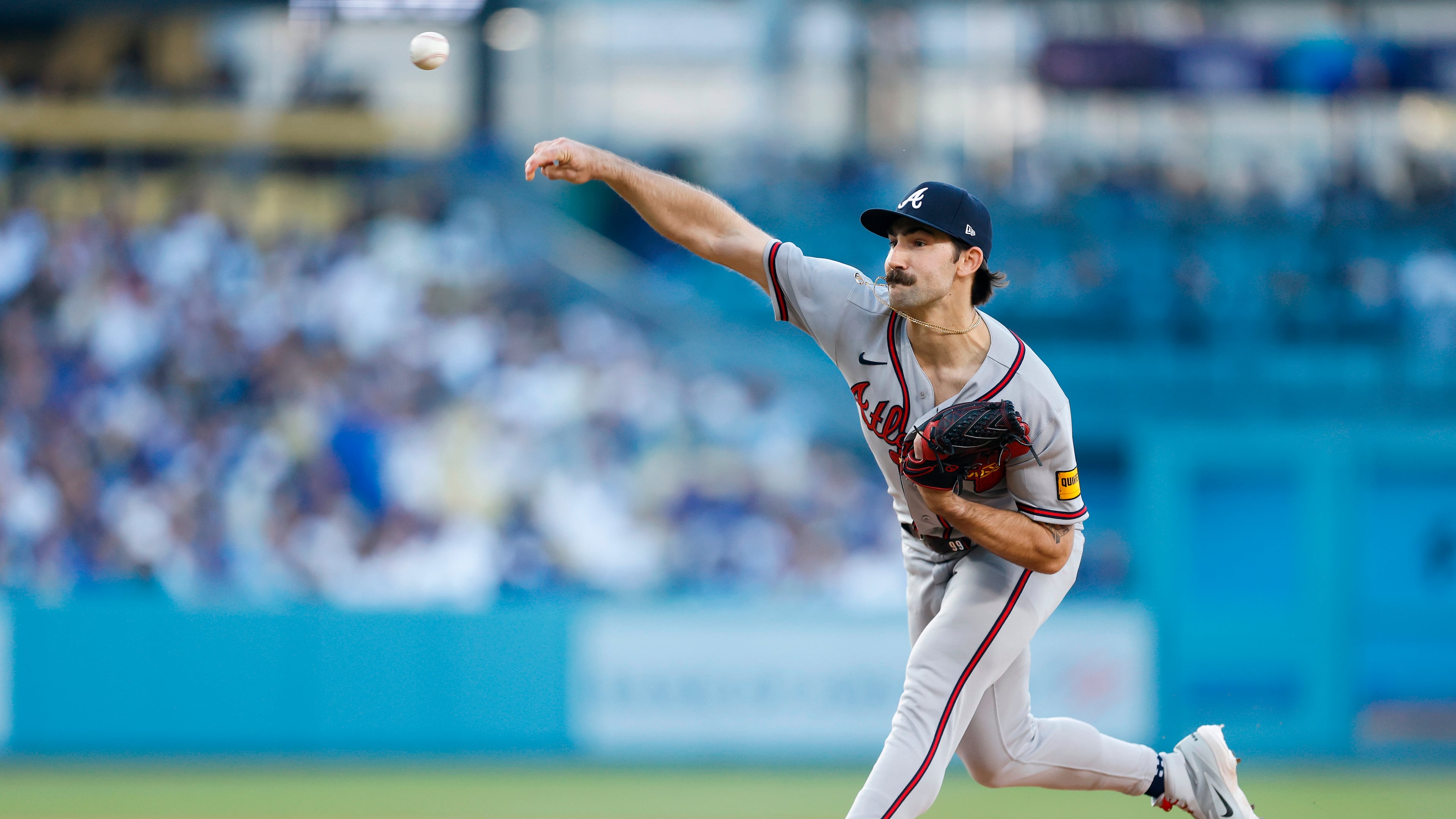 Braves pitcher Spencer Strider gave up one hit in six innings against the Dodgers on Saturday in Los Angeles. Strider walked two, and the one hit he gave up was a two-out single to Will Smith in the first inning. (Caroline Brehman/AP)
