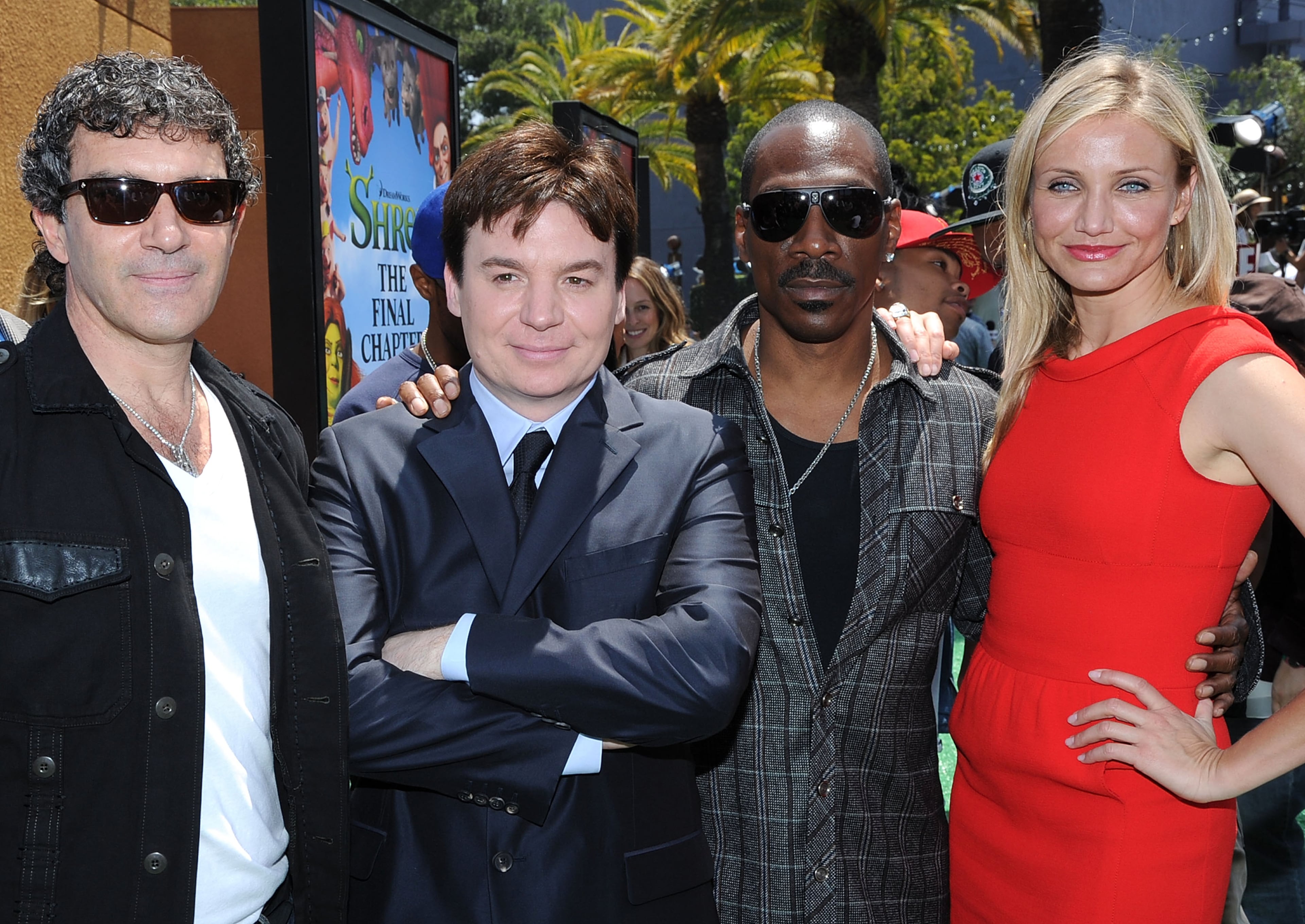 UNIVERSAL CITY, CA - MAY 16: Actors Antonio Banderas, Mike Myers, Eddie Murphy and Cameron Diaz arrive at the premiere of DreamWorks Animation's "Shrek Forever After" at Gibson Amphitheatre on May 16, 2010 in Universal City, California. (Photo by Kevin Winter/Getty Images for Paramount Pictures)