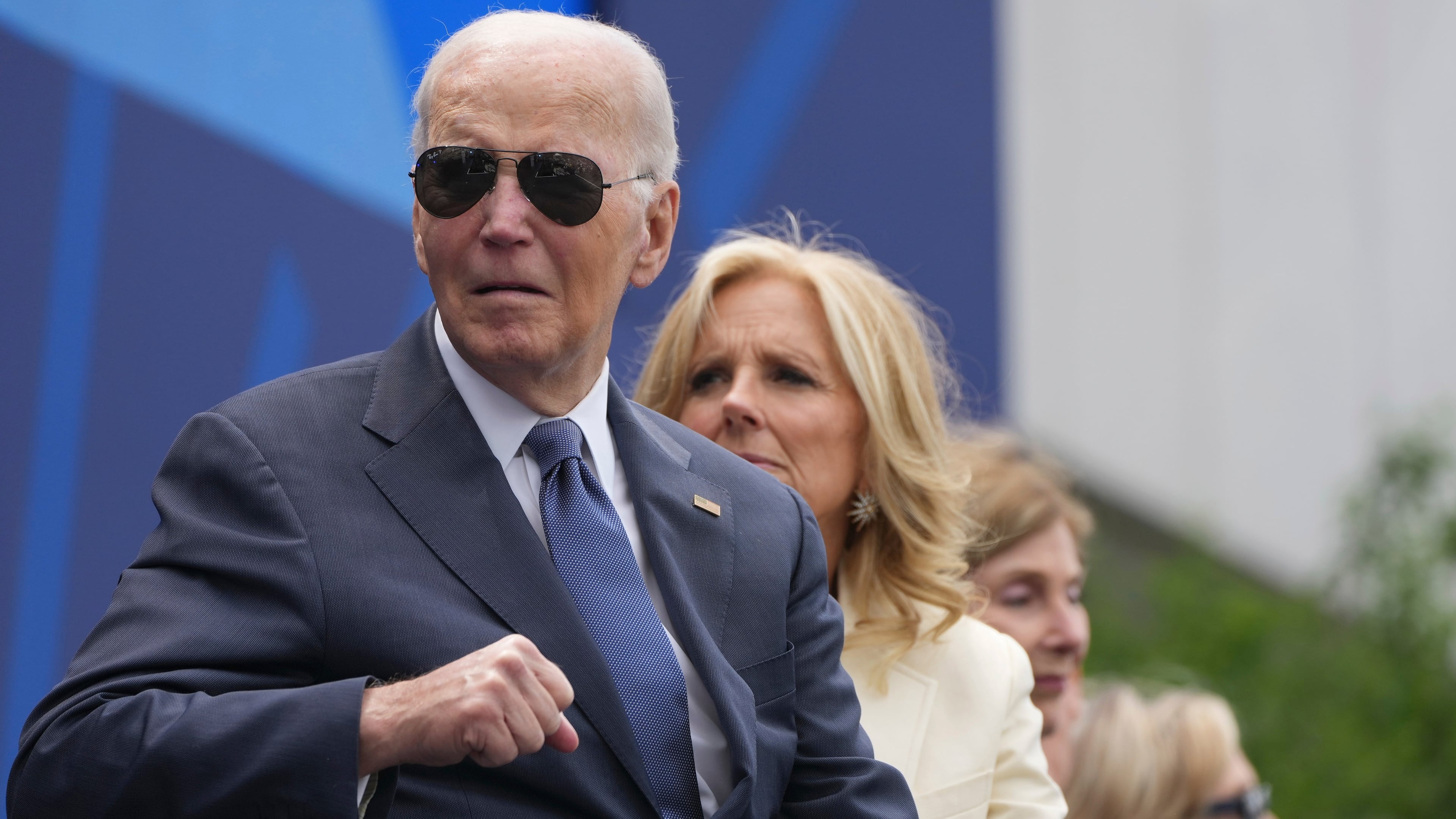 From l-r., former President Joe Biden, former first lady Jill Biden, former first lady Laura Bush and former Secretary of State Hillary Clinton on stage during the dedication ceremony for the Obama Presidential Center, Thursday, June 18, 2026, in Chicago. (AP Photo/Alex Brandon)