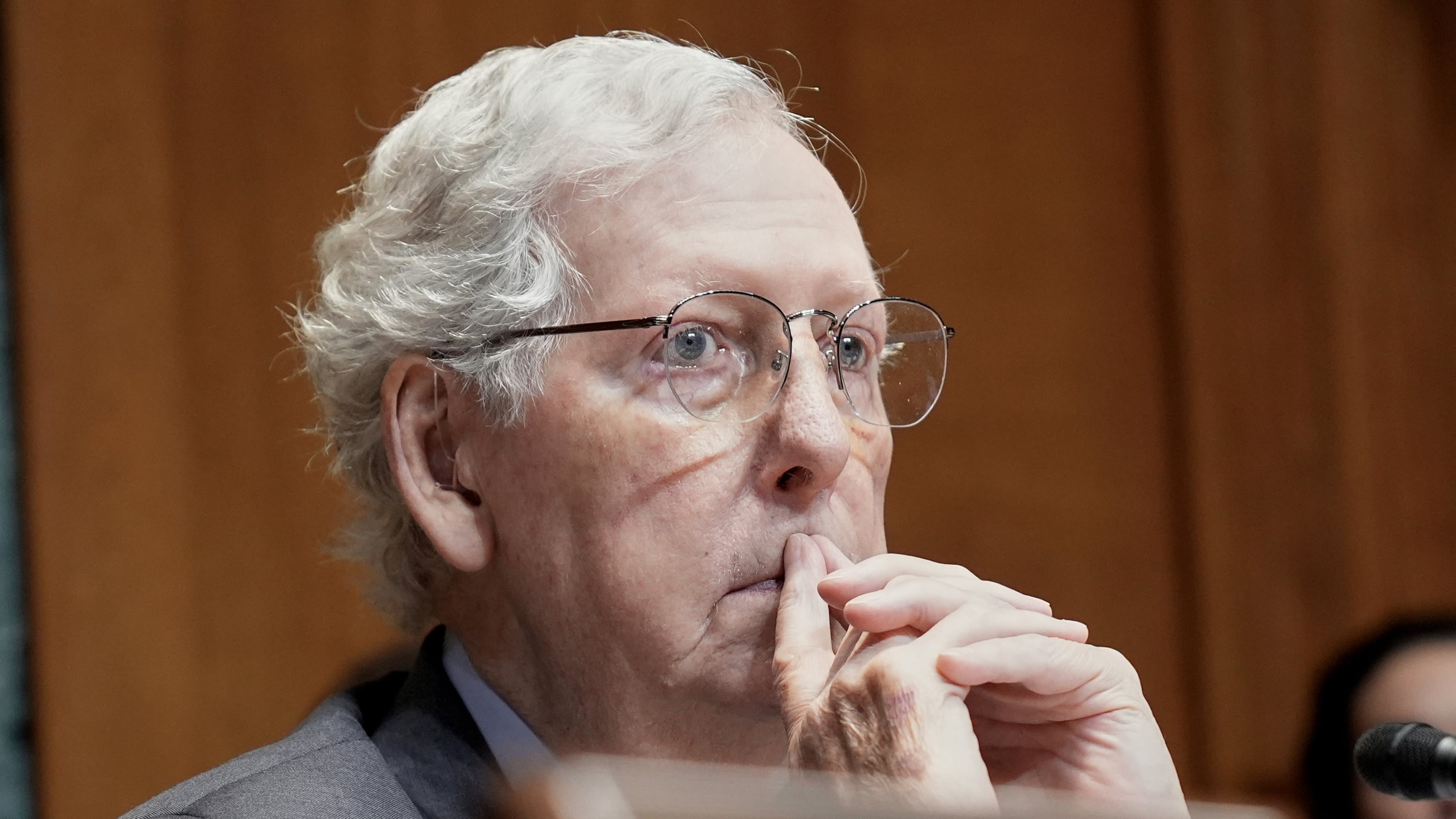 FILE - Sen. Mitch McConnell, R-Ky., listens during a Senate Committee on Appropriations subcommittee hearing on Capitol Hill, June 26, 2025, in Washington. (AP Photo/Mariam Zuhaib, File)