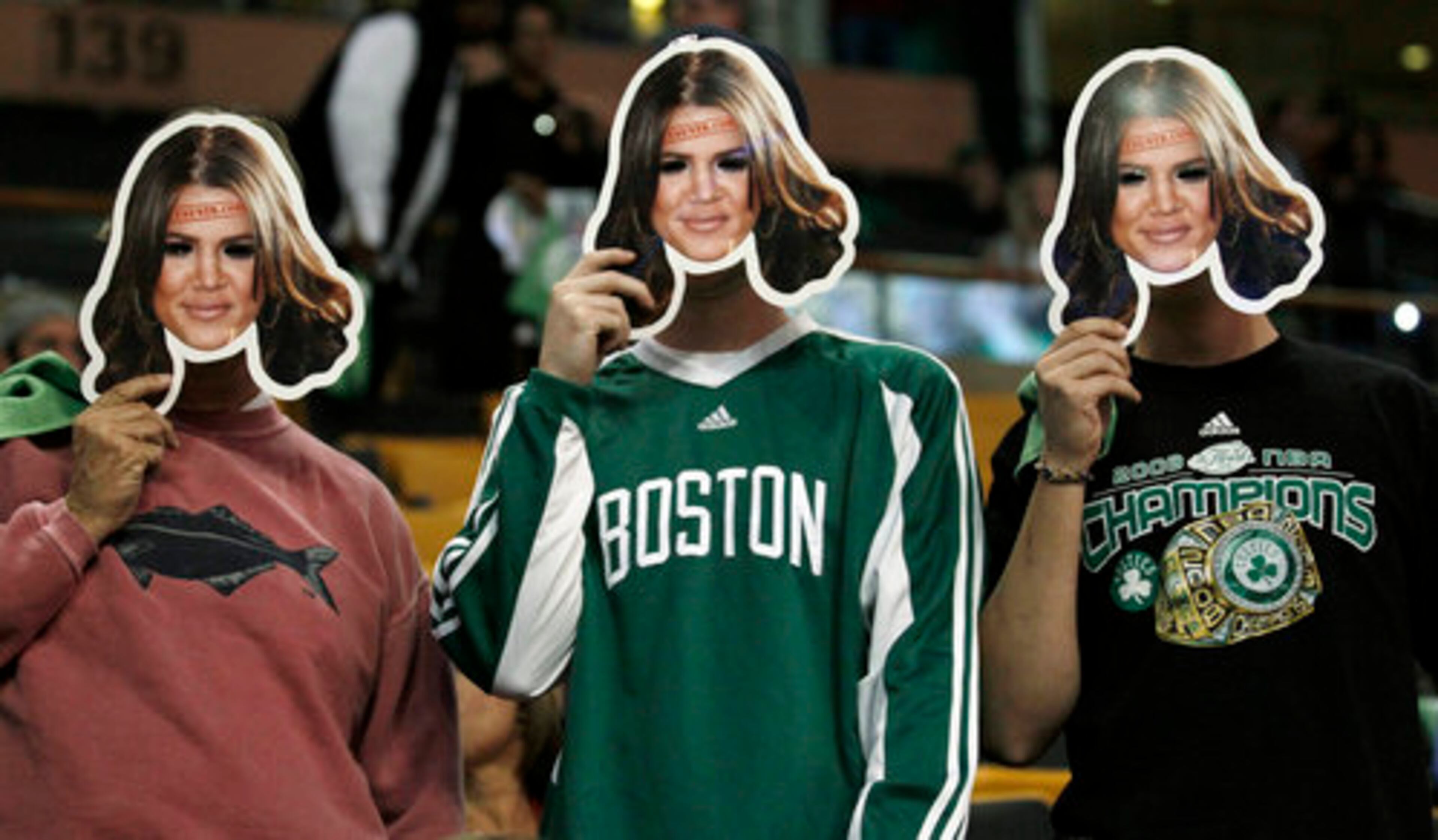 Fans wear Khloe Kardashian masks before Game 3 of the NBA basketball finals between the Boston Celtics and the Los Angeles Lakers Tuesday, June 8, 2010, in Boston. Kardashian is married to Lakers forward Lamar Odom.