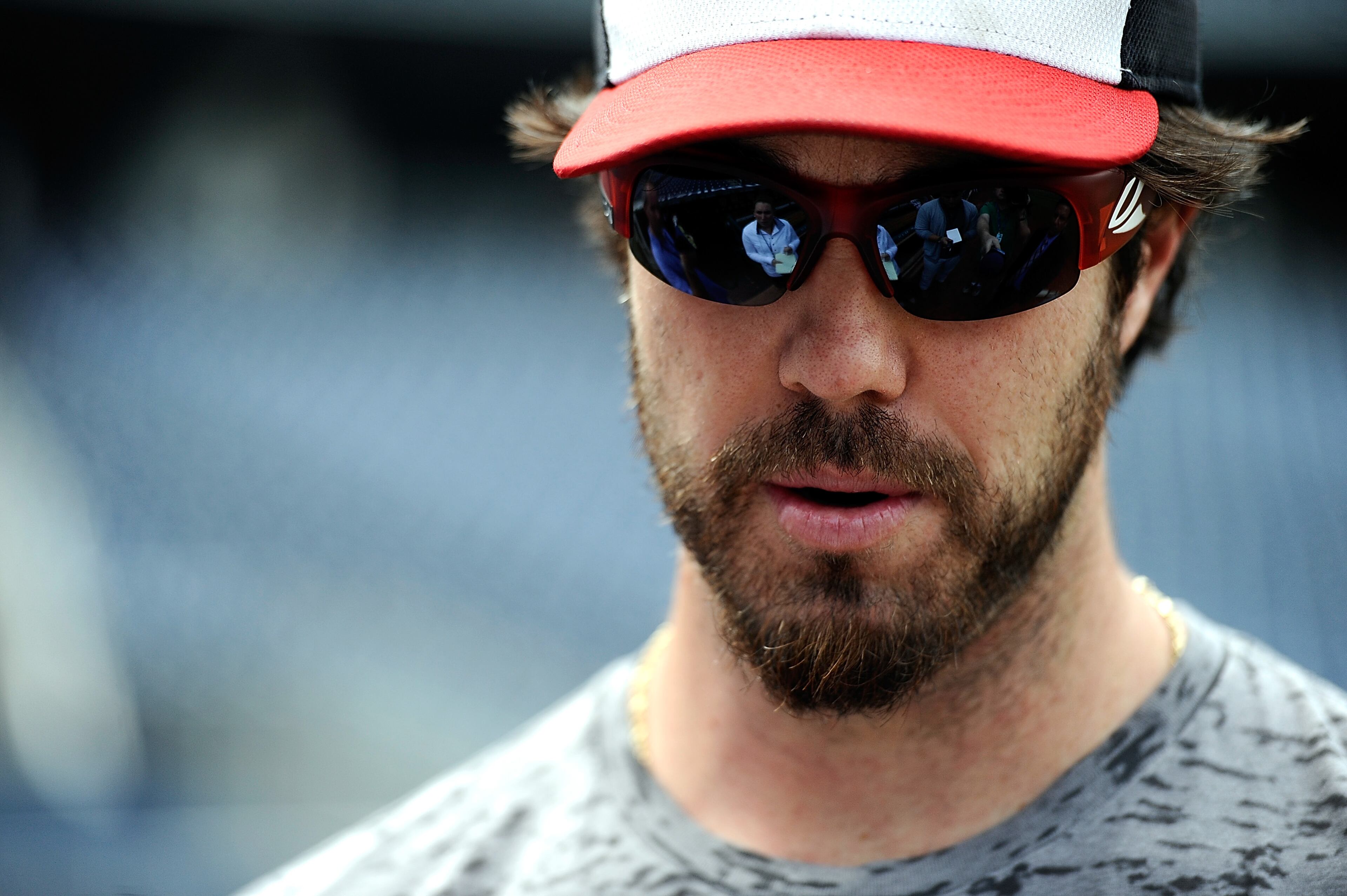 Starting pitcher Dan Haren of the Washington Nationals speaks with members of the media on the field at Nationals Park on Sept. 16, 2013, in Washington, D.C.