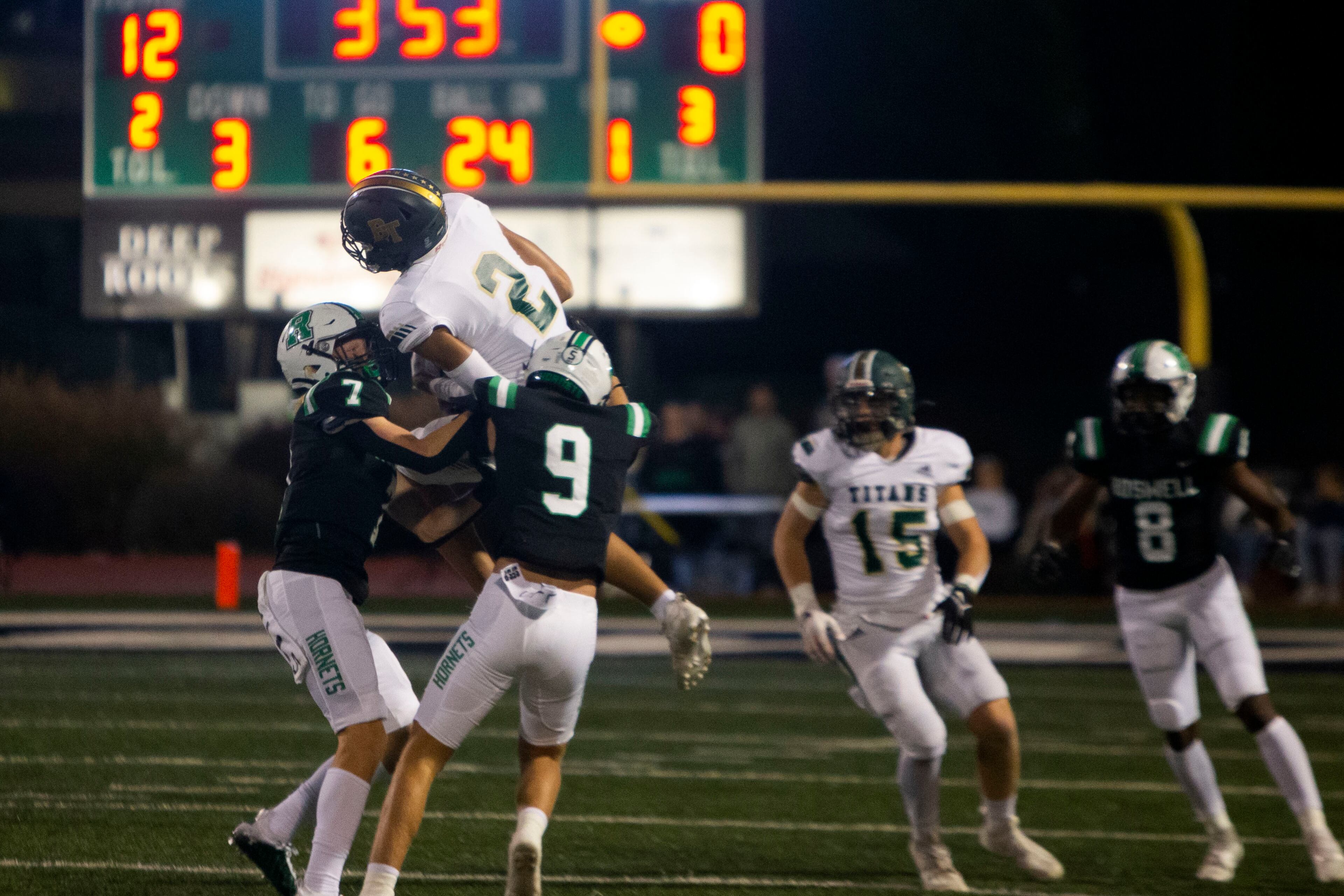 Cole Weaver, wide receiver for Blessed Trinity, makes a catch during the Blessed Trinity vs. Roswell high school football game on Thursday, September 29, 2022, at Roswell high school in Roswell, Georgia. (Christina Matacotta/For the AJC)