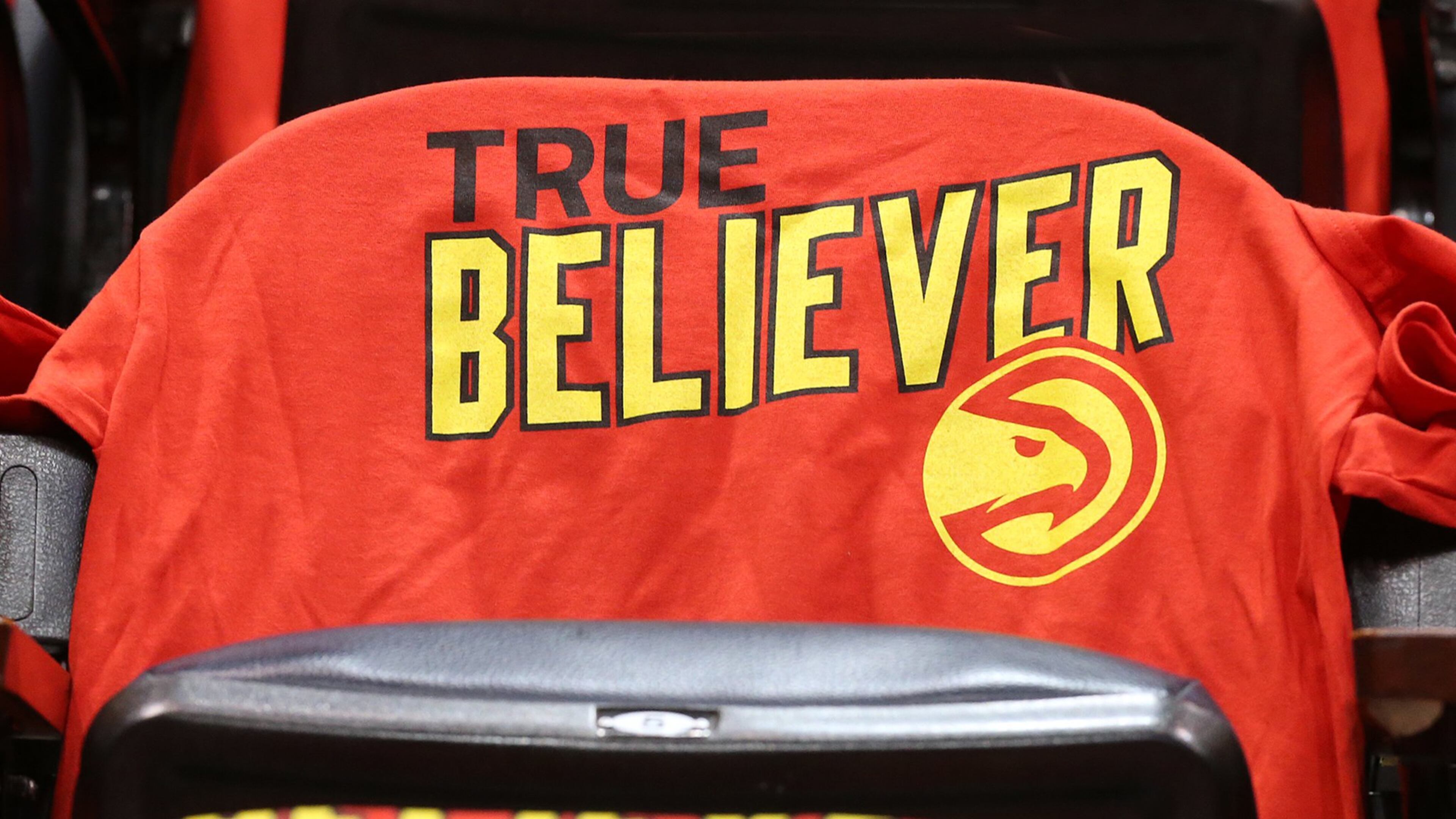 Hawks’ True Believer shirts cover the areana seats for fans for Game 3 of a second-round NBA basketball playoff series against the Cavaliers at Philips Arena on Friday, May 6, 2016, in Atlanta. Curtis Compton / ccompton@ajc.com