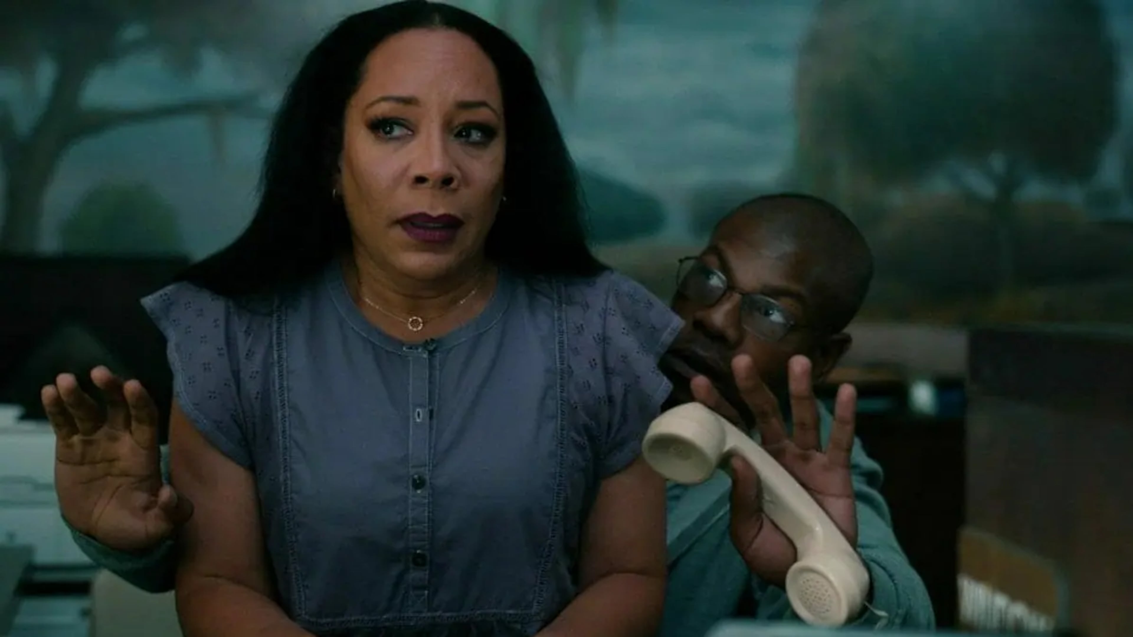John Boyega, shown with Selenis Leyva, stars as Atlantan Brian-Brown Easley, a distressed Marine Corps veteran who takes a bank and several of its employees hostage, in "Breaking." The drama opens in theaters Friday. (Photo courtesy Bleecker Street)