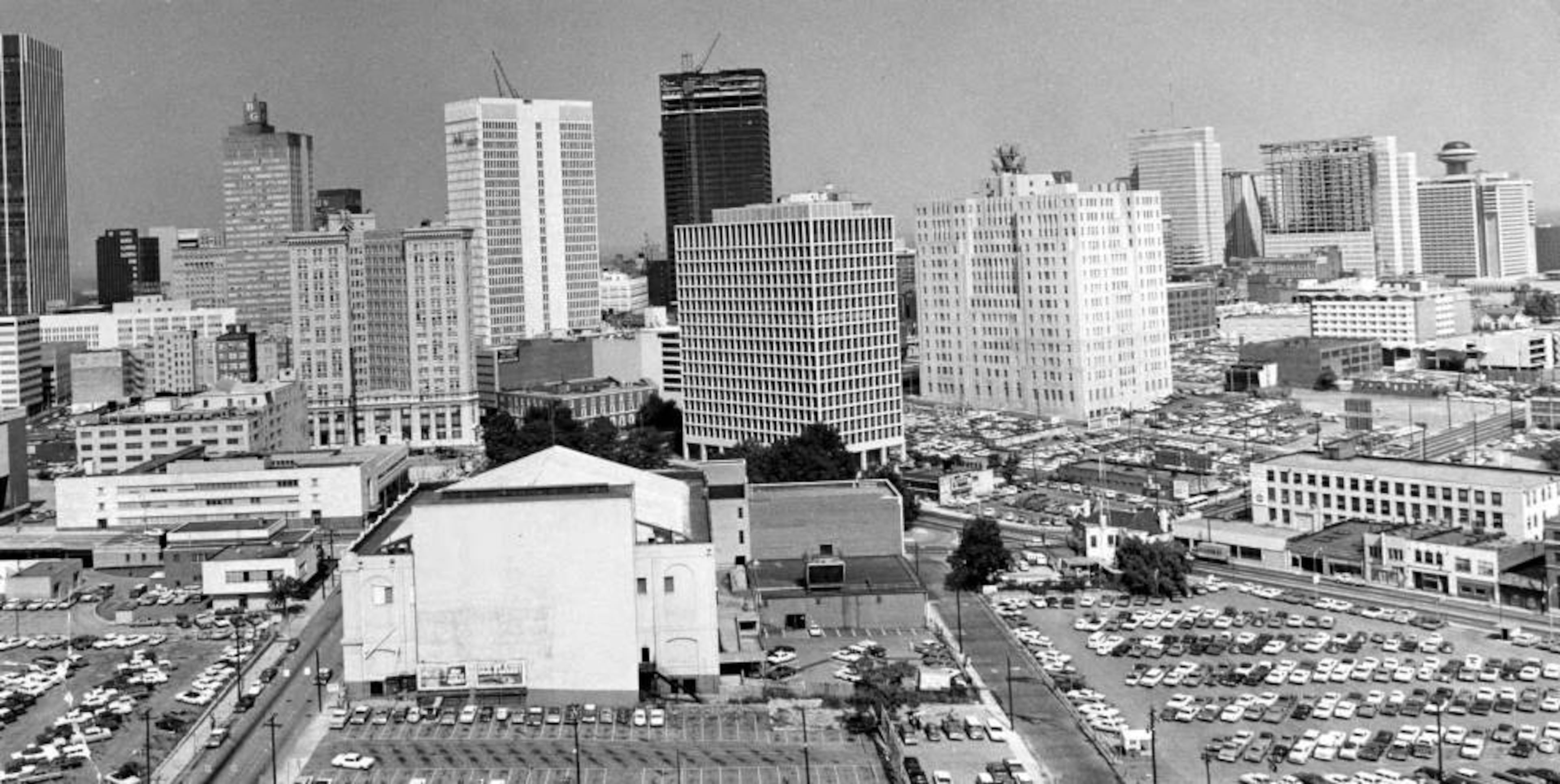 A look at Atlanta in September 1968, with a caption that reads: âAtlanta's downtown section expands outward and upward, with concrete, glass, steel and aluminum spreading in ever direction. This recent skyline shot spreads from the First National Bank tower (far left) to the bubble-topped Regency Hyatt House (right). In between are such landmarks as the National Bank of Georgia, new Trust Company of Georgia, Equitable Building, Hartford Building, Southern Bell Telephone Co. and Peachtree Center.â