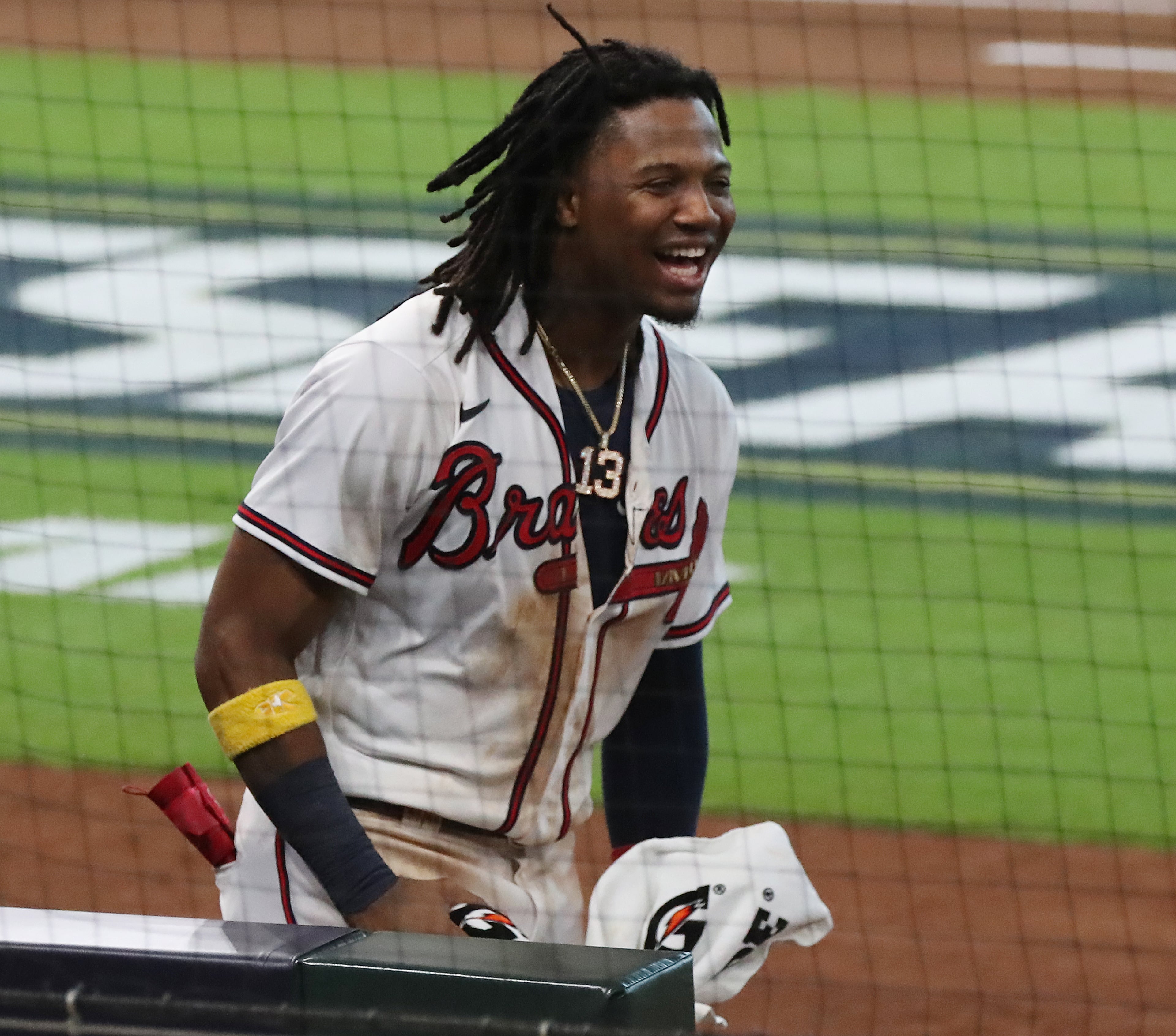 Atlanta Braves' Ronald Acuna celebrates during a 9-5 victory over the Miami Marlins in Game 1 of a National League Division Series at Minute Maid Park on Tuesday, Oct 6, 2020 in Houston. “Curtis Compton / Curtis.Compton@ajc.com”