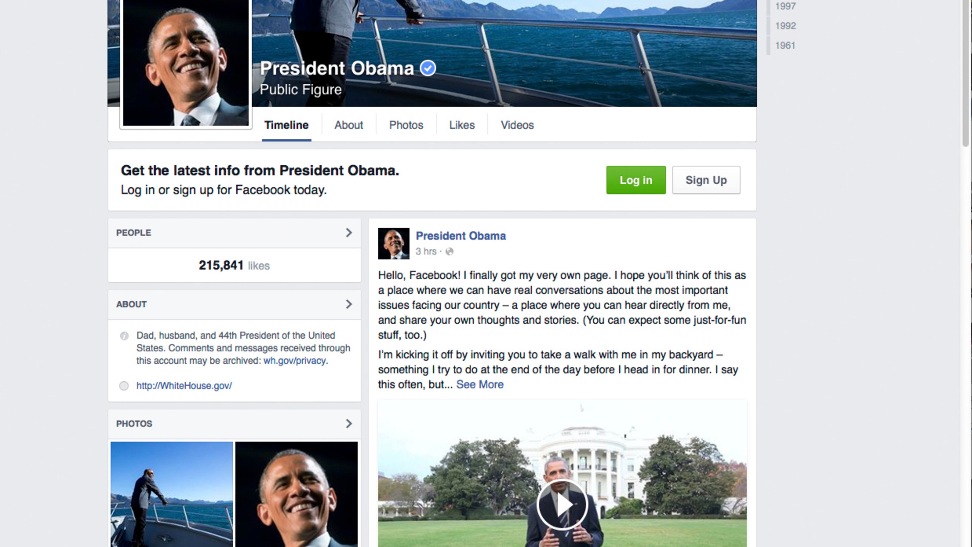 The screen image from Facebook.com shows the Facebook page of President Barack Obama. Obama wants you to like him. And comment on him. And share his posts, too. The president now has his own personal Facebook page. "President Obama, public figure" went live Monday, Nov. 9, 2015. (Facebook.com via AP)