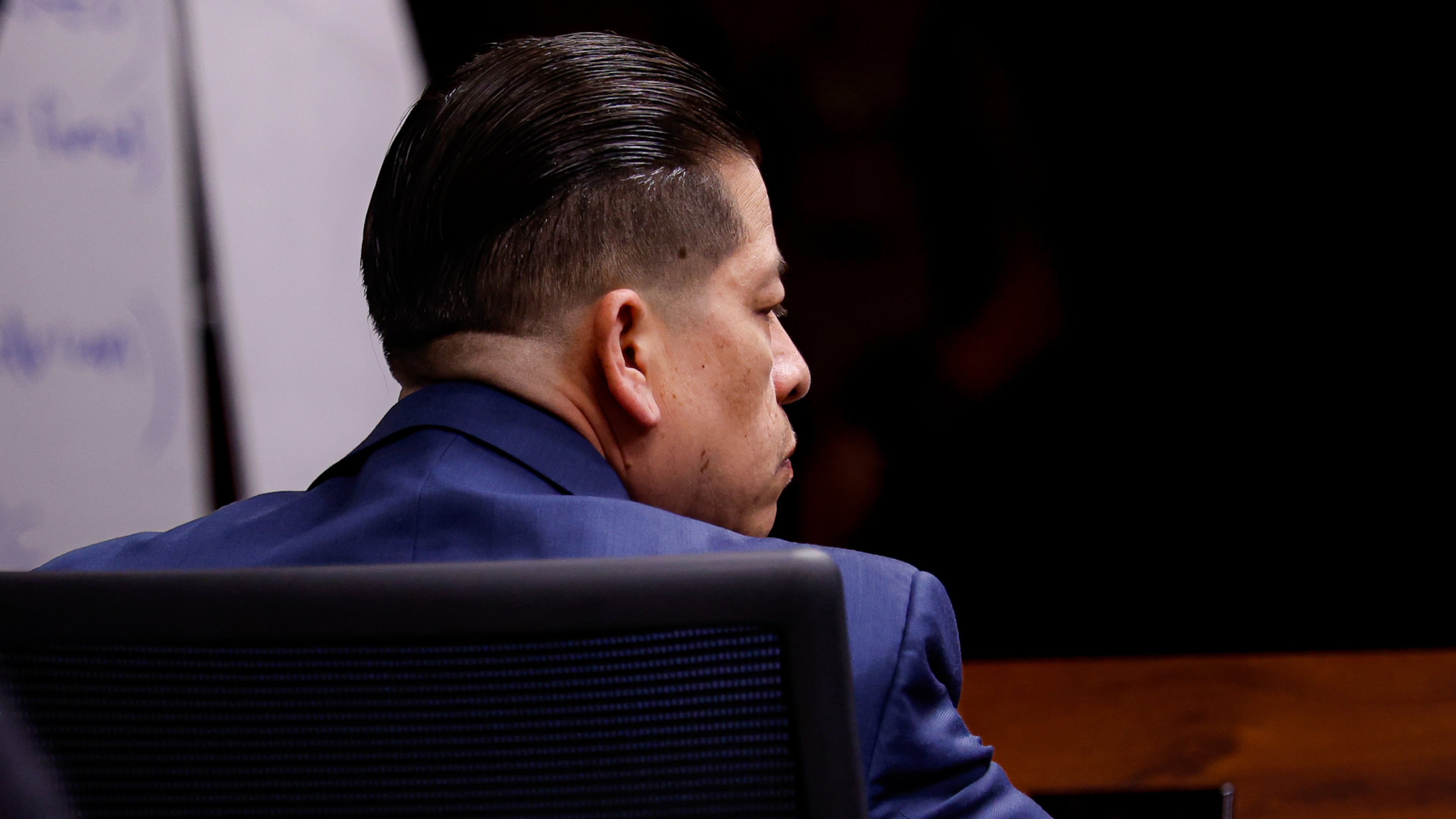 Former Uvalde school district police officer Adrian Gonzales listens to closing statements on the 11th day of his trial at the Nueces County Courthouse on Wednesday, Jan. 21, 2026, in Corpus Christi, Texas. (Sam Owens /The San Antonio Express-News via AP, Pool)