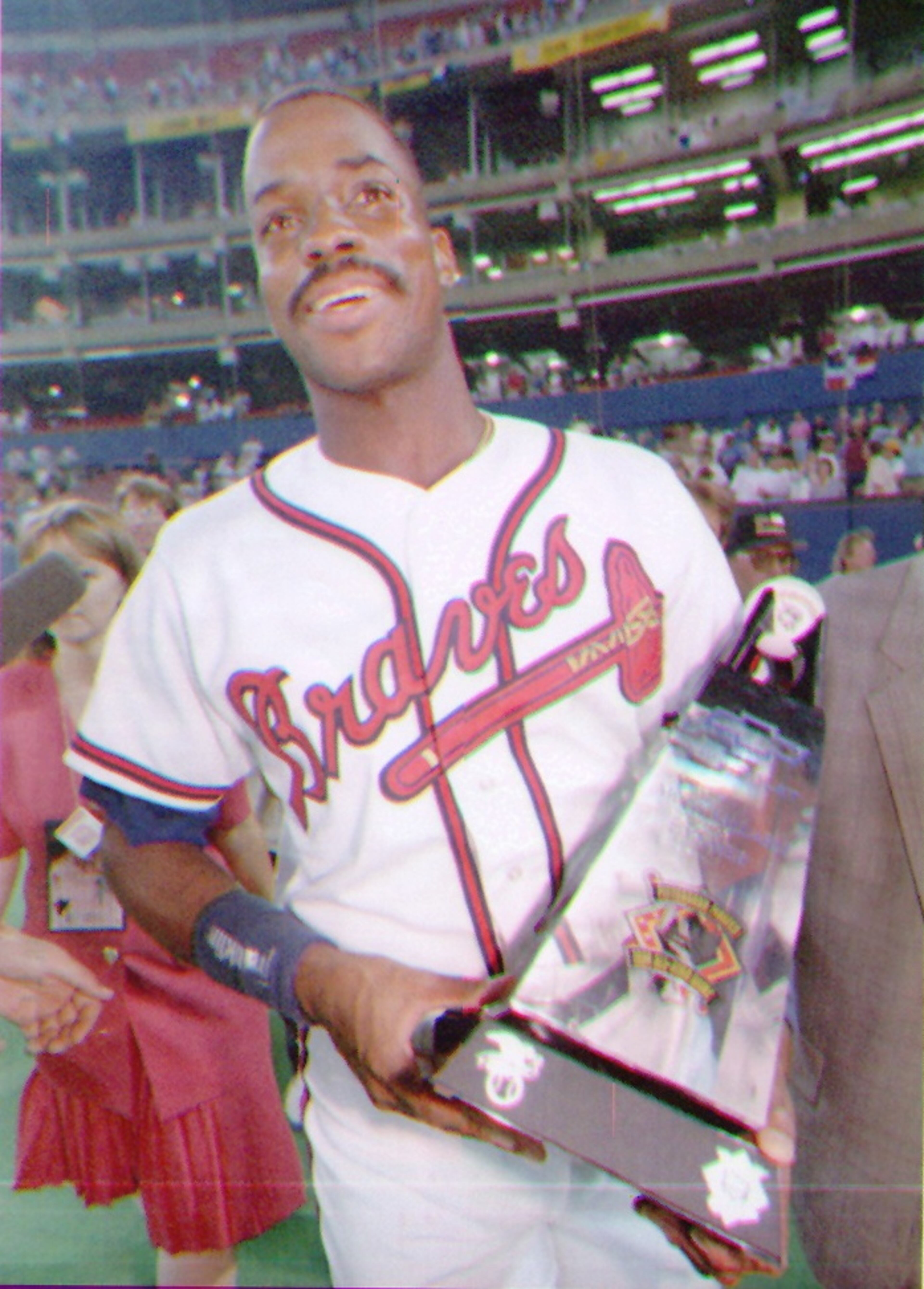 Braves' Fred McGriff poses with the most valuable player award after the 65th All Star Game Tuesday, July 12, 1994 at Three Rivers Stadium in Pittsburgh.