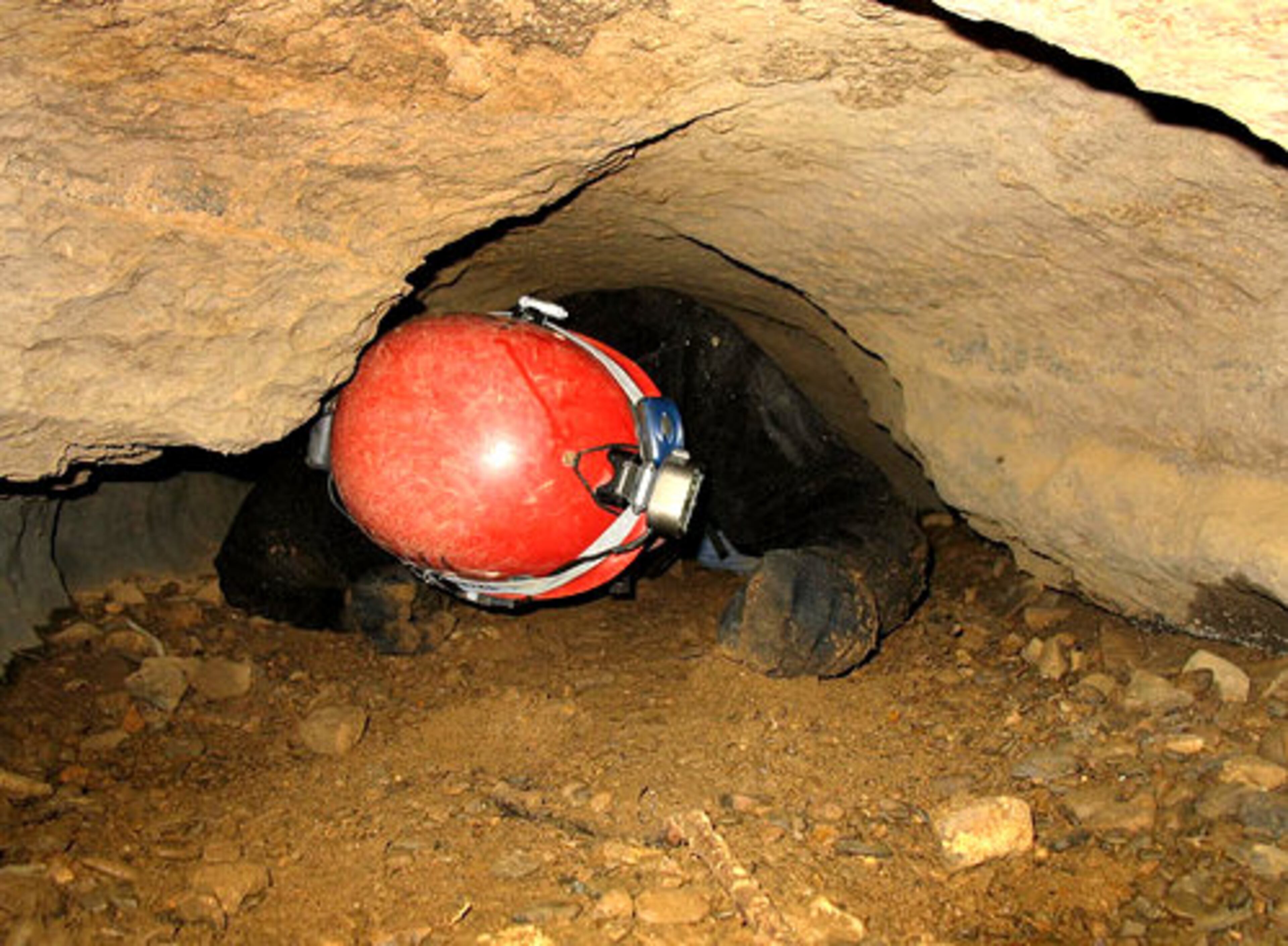 Caver Bill Putnam, belly crawls headfirst through a tight passageway on his way through Little Fricks Cave.