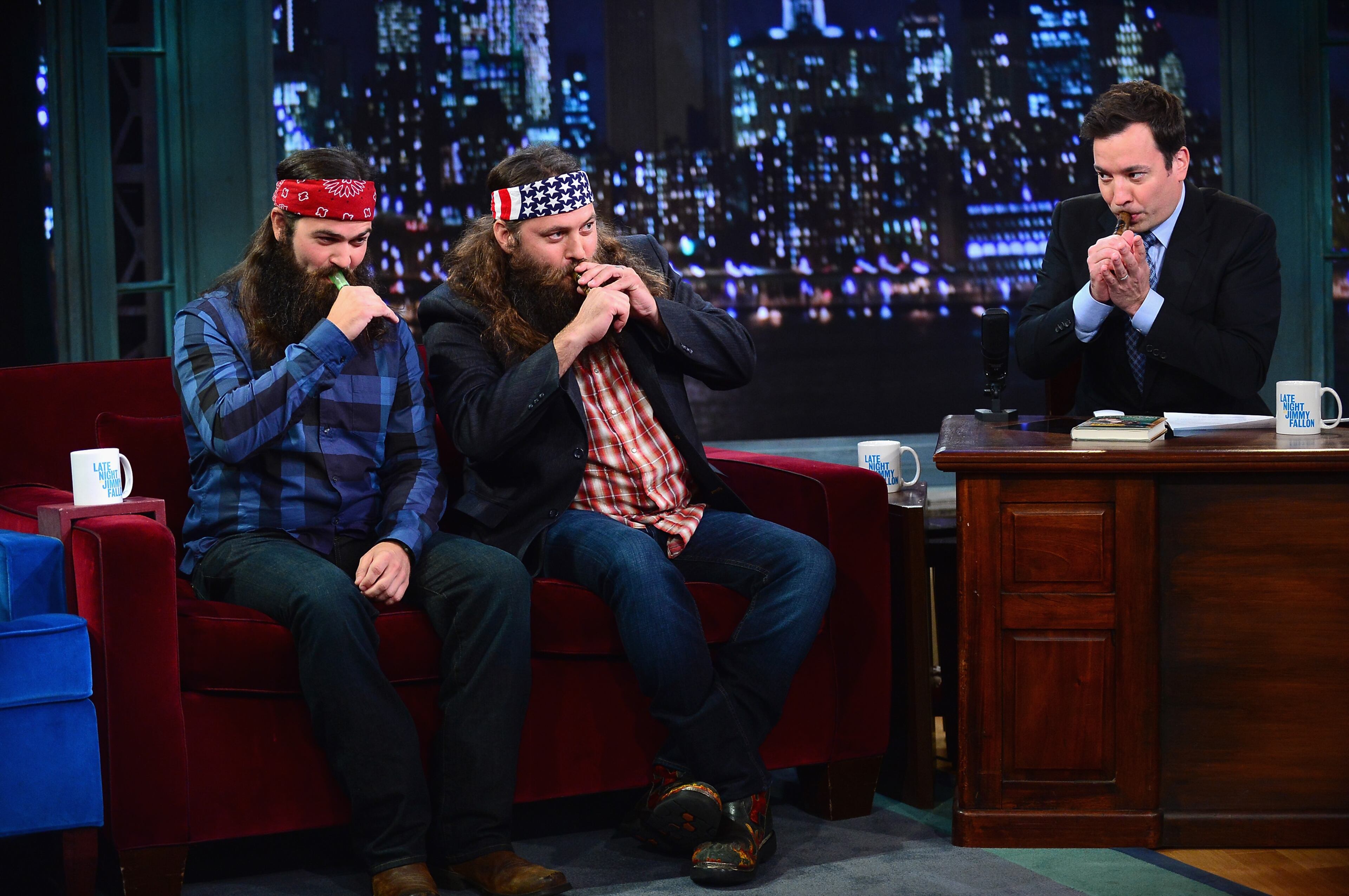 NEW YORK, NY - SEPTEMBER 09: Jase Robertson, Willie Robertson and Jimmy Fallon during a taping of "Late Night With Jimmy Fallon" at Rockefeller Center on September 9, 2013 in New York City. (Photo by Theo Wargo/Getty Images)
