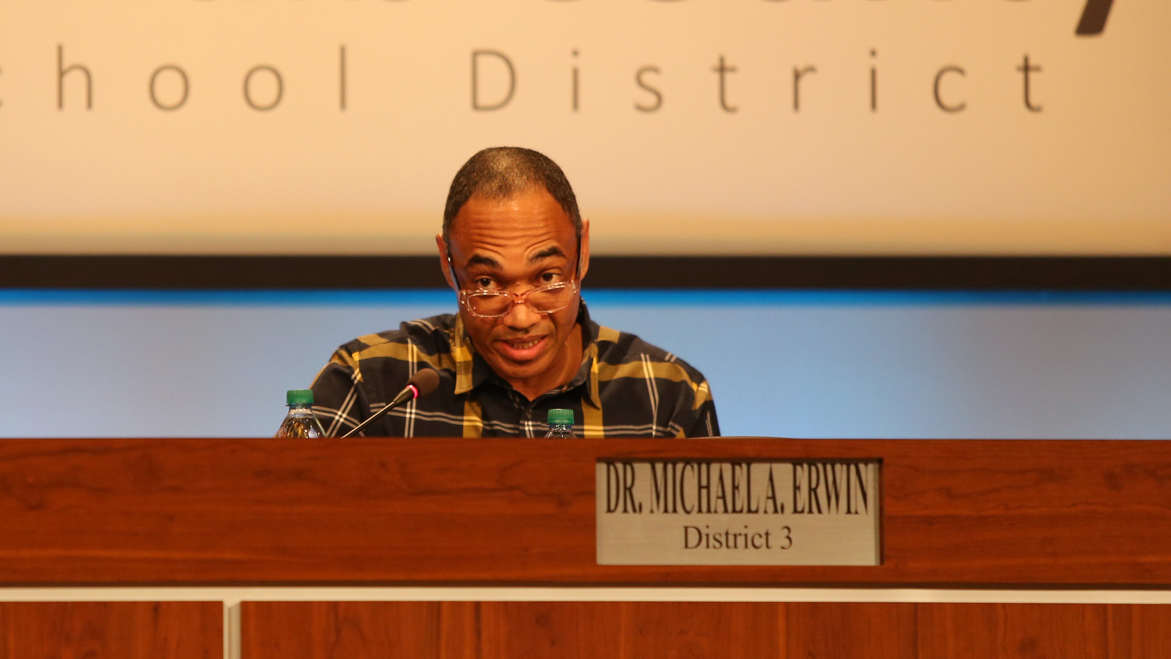 DeKalb County Board of Education Chairman Michael Erwin speaks at the school board meeting in Stone Mountain on Feb. 13. EMILY HANEY / EMILY.HANEY@AJC.COM