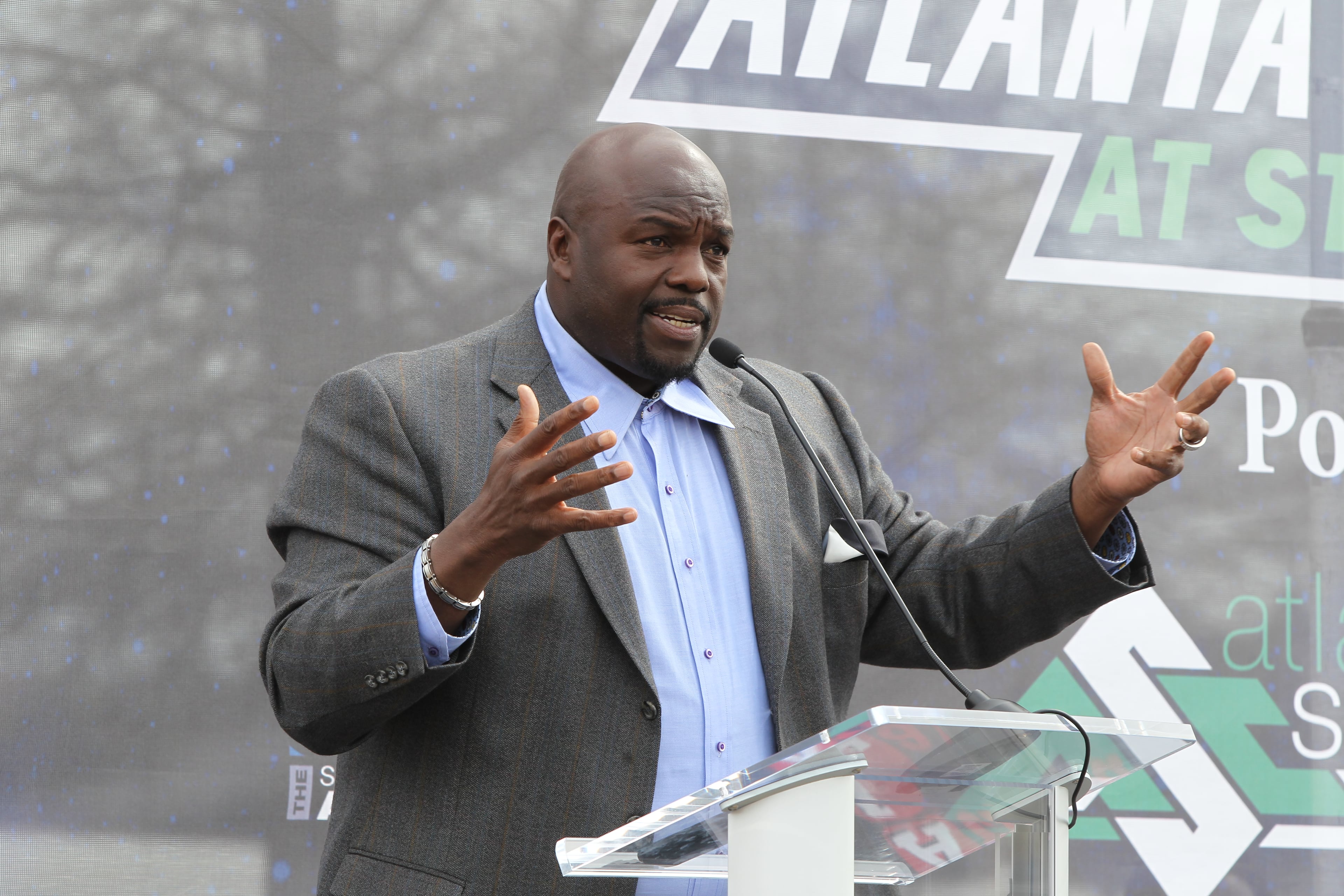 February 22, 2017, Atlanta, Georgia - Jamie Dukes, an analyst for NFL Network, speaks to the crowd at the unveiling of the Atlanta Sports City sports complex site in Stonecrest, Georgia, on Wednesday, February 22, 2017. Duke's personal passion of helping treat and advocate for concussions takes a part in the new complex, where a facility will be built to practice drip fusion therapy. (HENRY TAYLOR / HENRY.TAYLOR@AJC.COM)