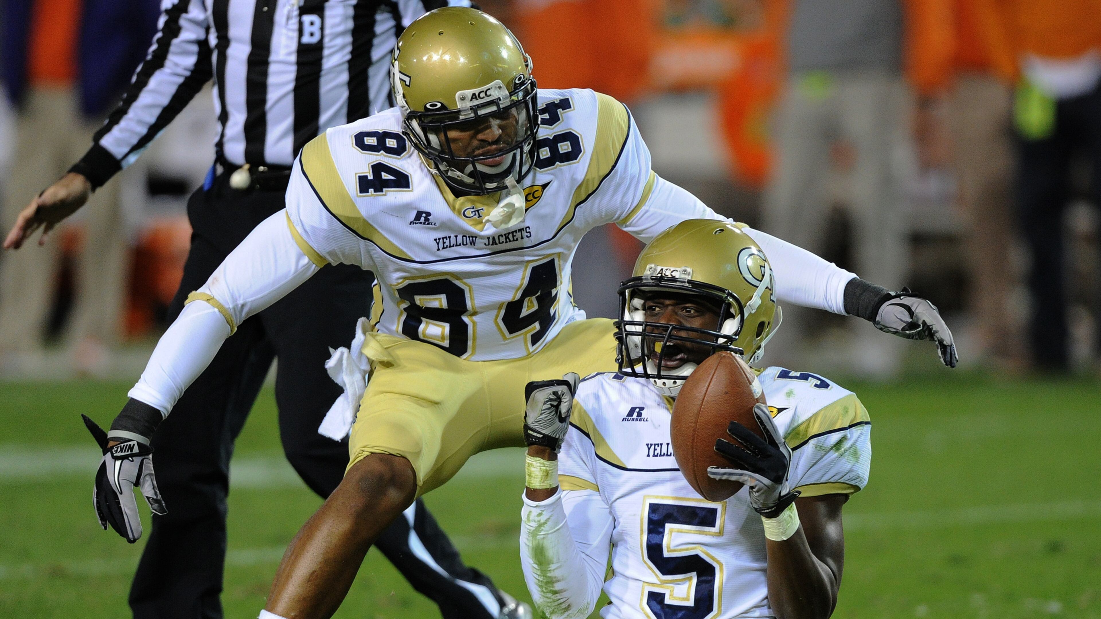 Atlanta - Georgia Tech Stephen Hill (5) celebrates with Tyler Melton (84) after his great catch in the second quarter of the Georgia Tech vs Clemson game at Georgia Tech on Saturday, Oct 29, 2011. Johnny Crawford jcrawford@ajc.com.