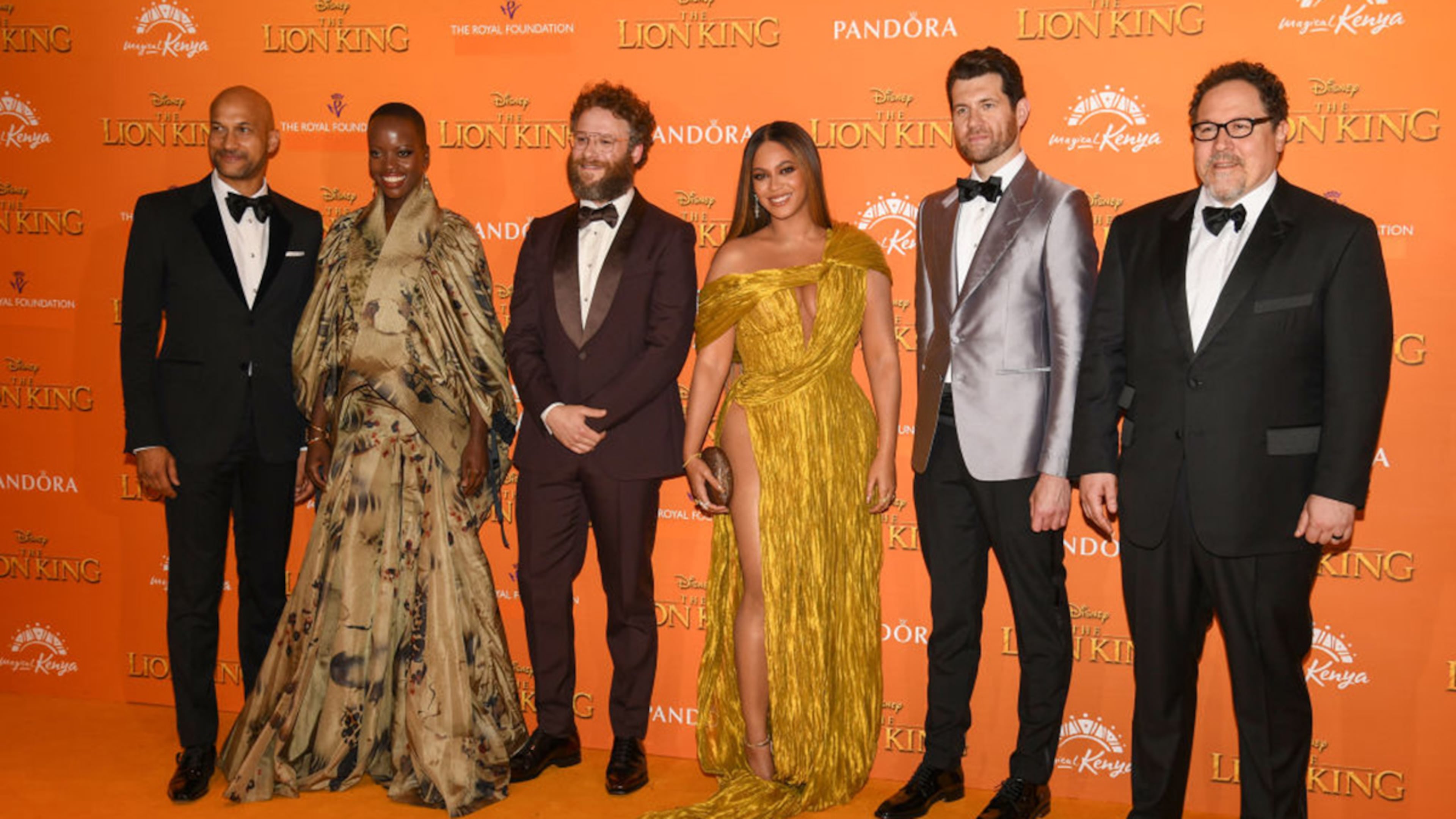 LONDON, ENGLAND - JULY 14: (L-R) Keegan-Michael Key, Florence Kasumba, Seth Rogen, Beyonce Knowles-Carter, Billy Eichner and Jon Favreau attend the European Premiere of Disney's "The Lion King" at Odeon Luxe Leicester Square on July 14, 2019 in London, England. (Photo by Gareth Cattermole/Getty Images for Disney)