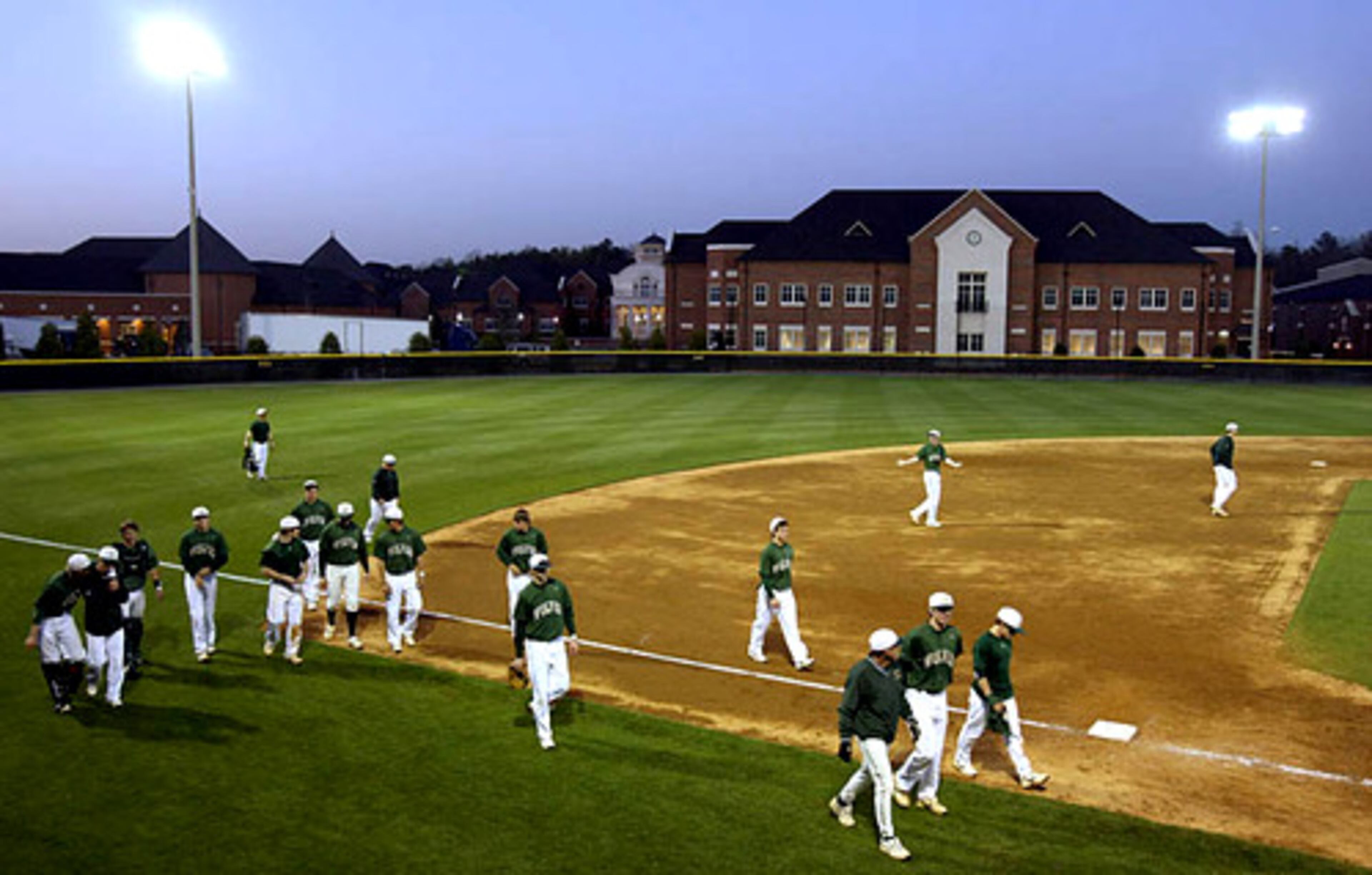 The Wesleyan baseball team defeated GAC 12-10 under the lights in Norcross. The impressive Fine Arts building provides the backdrop for Wesleyan's Donn Gaebelein Baseball Field's outfield. Presently, only one home run has ever reached the building. Current Georgia Tech sophomore first baseman Tony Plagman, a Wesleyan alum, reportedly launched one into the center of the structure as it was being built.