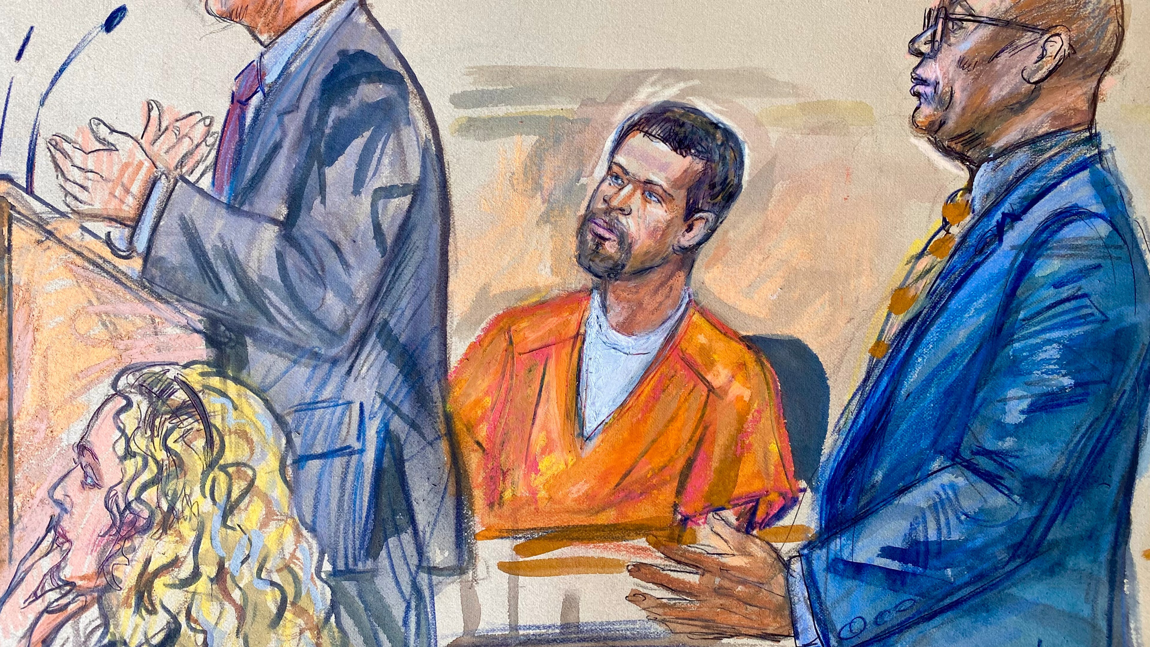 This courtroom sketch depicts Cole Tomas Allen, center, listening as his attorney Eugene Ohm, left, speaks to U.S. Magistrate Judge Zia Faruqui, Monday, May 4, 2026, in Washington, as Tony Towns, the acting general counsel for the District of Columbia Department of Corrections, listens at right. (Dana Verkouteren via AP)
