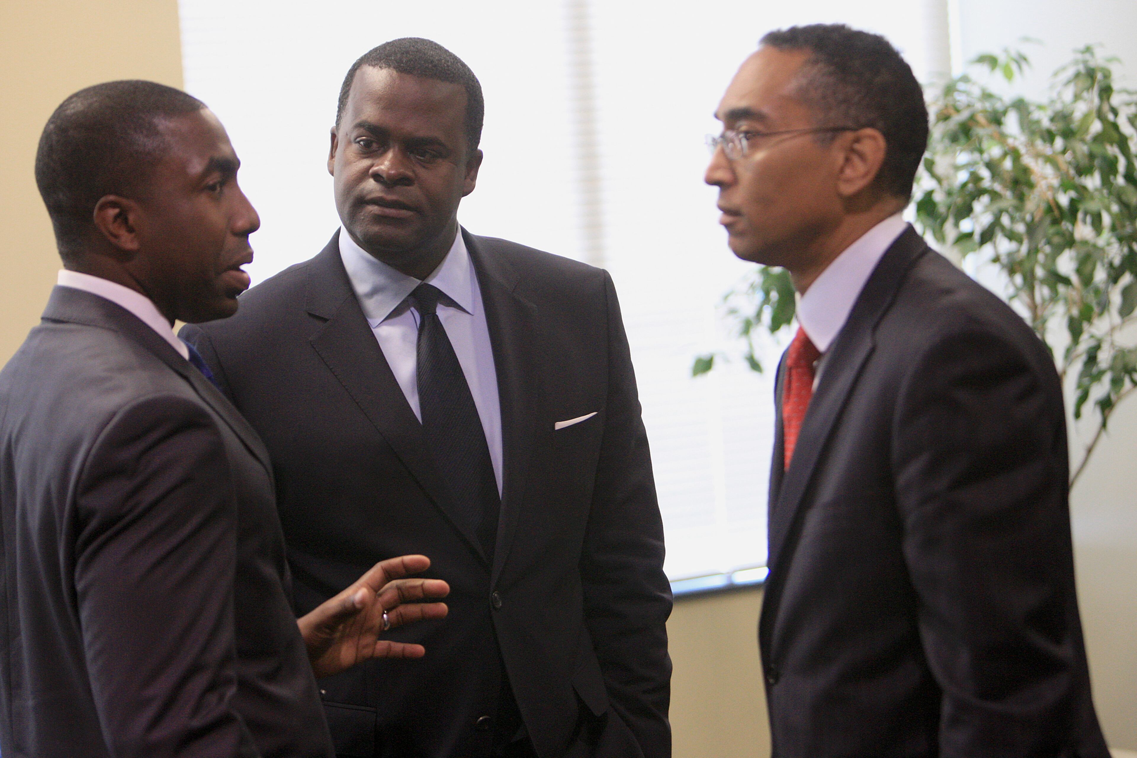 Aug. 11, 2011: DeKalb Commissioner Lee May, Atlanta Mayor Kasim Reed and DeKalb Co. CEO Burrell Ellis chat. The Atlanta Regional Transportation Roundtable for the Transportation Investment Act of 2010 came together to discuss transit projects across the region at the Atlanta Regional Commission. Twenty minutes were set aside for public comment, as well as moving the meeting to Monday to further address the $6.56 billion working list.