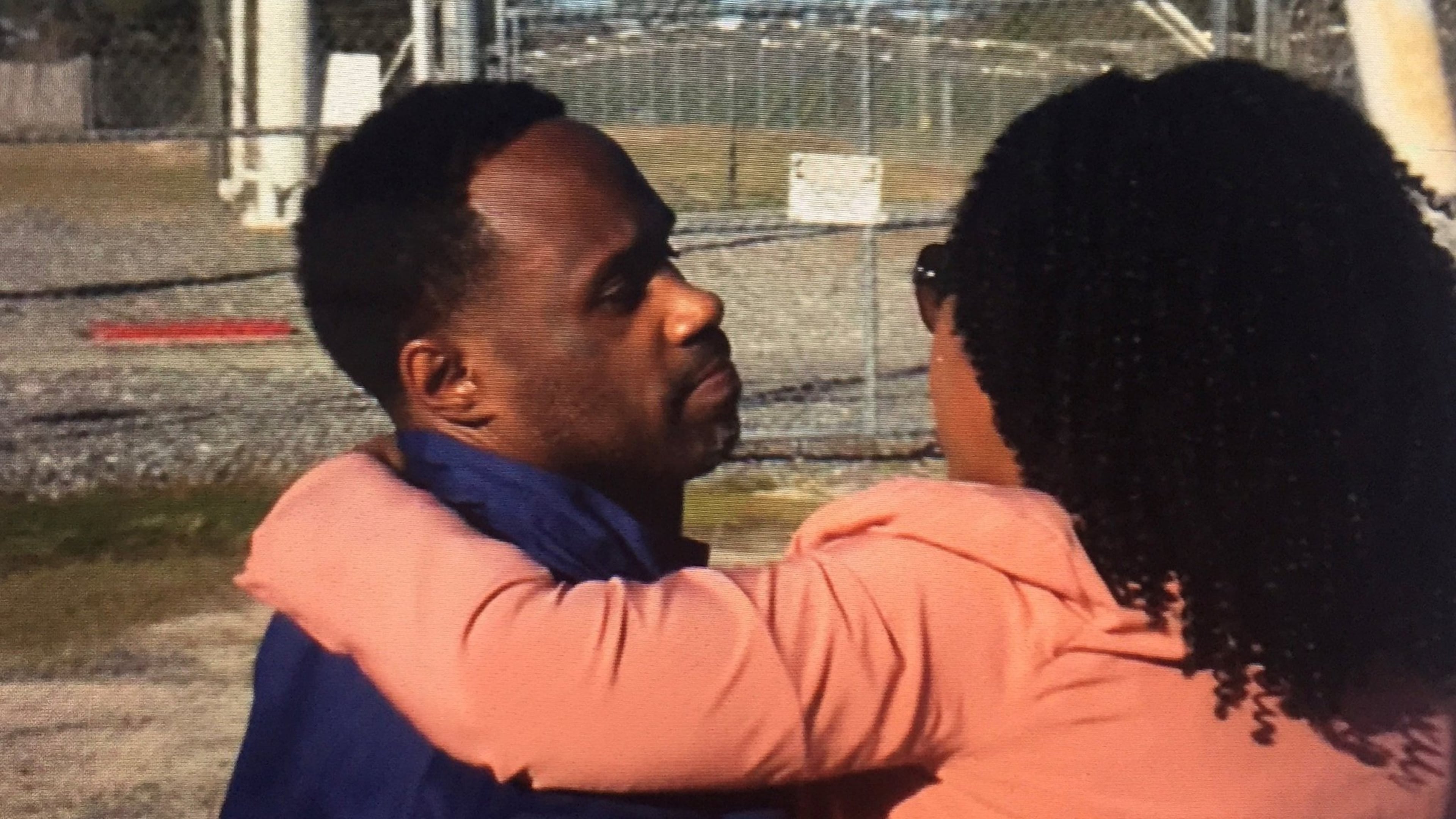 Kerry Robinson hugs his sister, Miranda Taylor, after walking out of a South Georgia prison on Wednesday, January 8, 2020. Robinson was freed by an improved method of DNA analysis after serving 18 years for a rape he didn’t commit. (Photo courtesy of Georgia Innocence Project)
