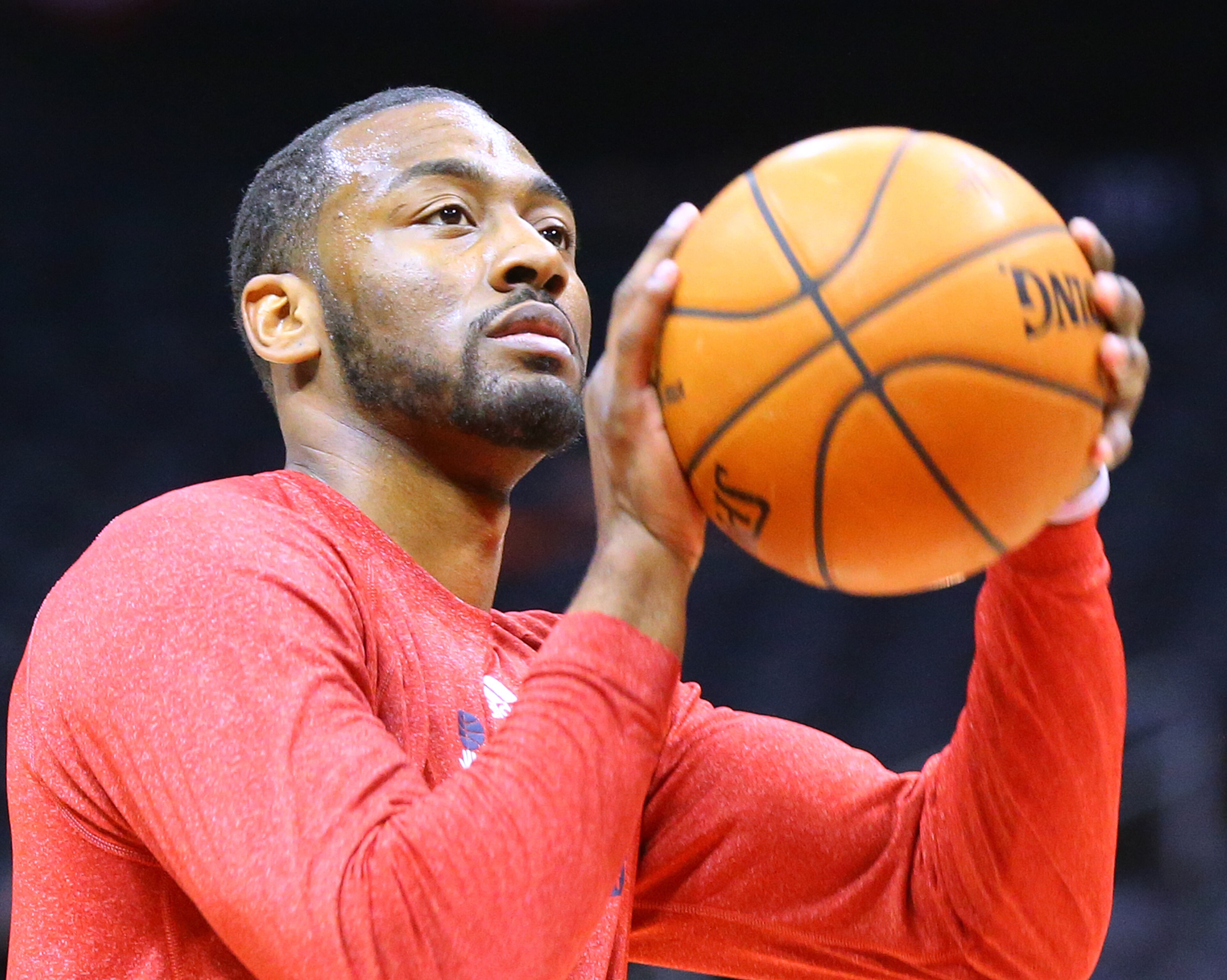 Wizards John Wall tests his wrist with some pregame shooting before the Eastern Conference Semifinals game 5 against the Hawks on Tuesday, May 13, 2015, in Atlanta. Curtis Compton / ccompton@ajc.com