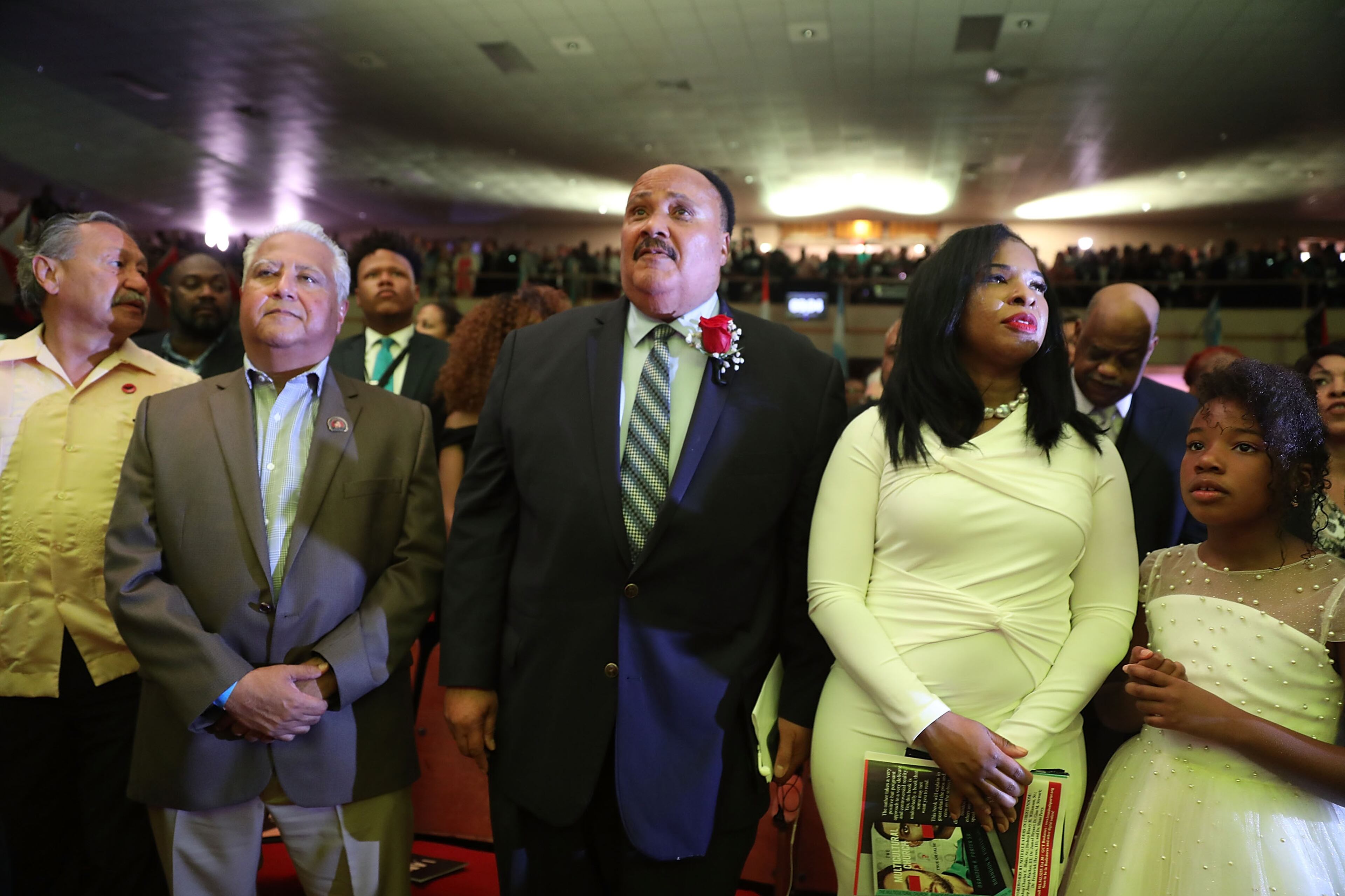 MEMPHIS, TN - APRIL 03: Paul Chavez , Martin Luther King III, the son of Martin Luther King, Jr., his wife Arndrea Waters King and daughter Yolanda Renee King stand together before they speak during the I AM 2018 "Mountaintop Speech" Commemoration at the Mason Temple Church of God in Christ, the same place his father delivered his "Mountaintop" speech on the eve of his assassination, April 3, 2018 in Memphis, Tennessee. The city is commemorating the 50th anniversary of King's assassination on April 4, 1968. (Photo by Joe Raedle/Getty Images)