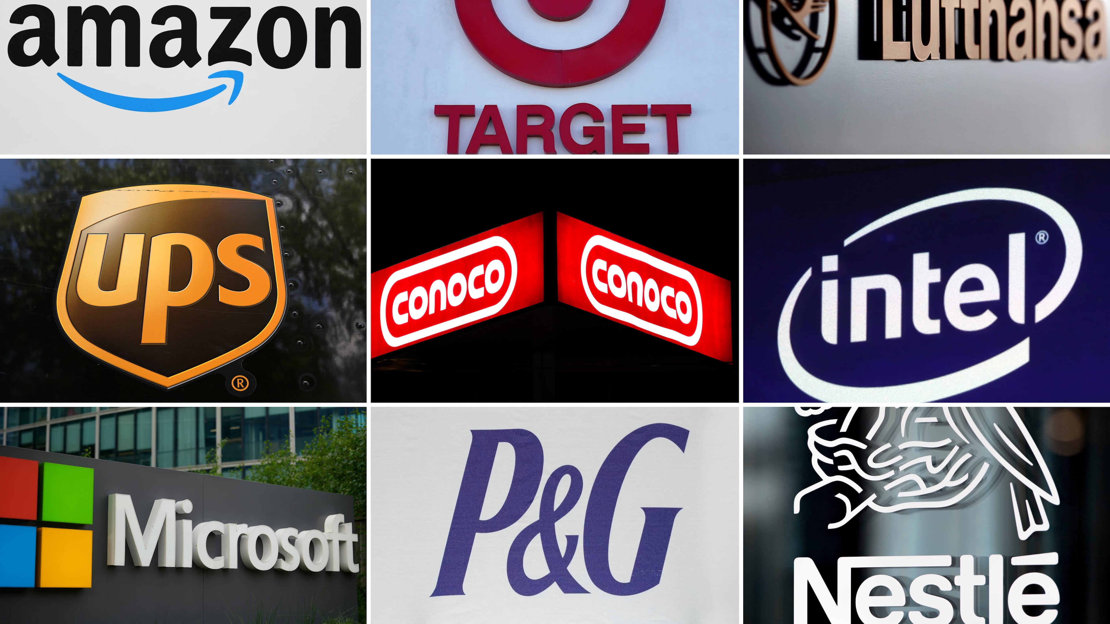 FILE - This undated combination of photos shows clockwise from top left the company logos for Amazon, Target, Lufthansa Group, UPS, ConocoPhillips, Intel, Microsoft, Procter & Gamble and Nestle. (AP Photo, File)