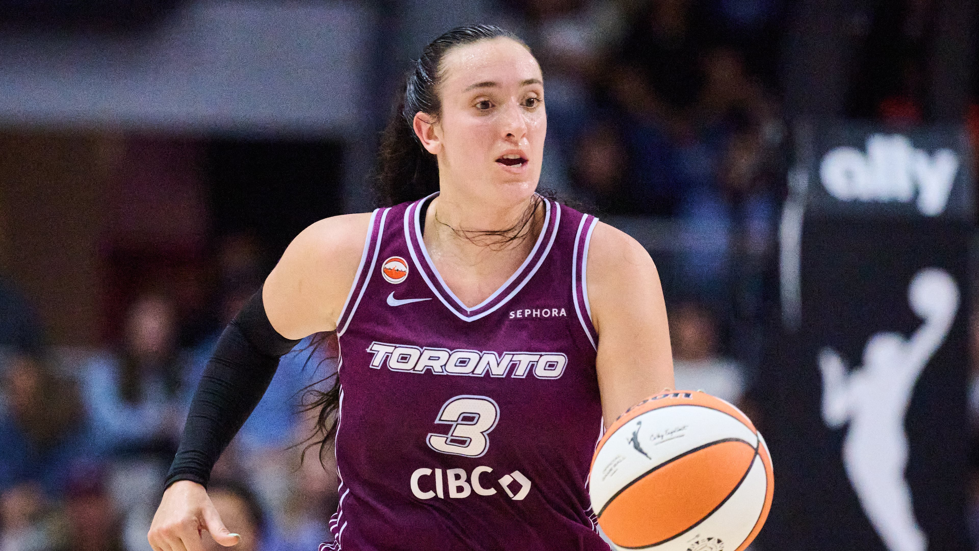Toronto Tempo's Marina Mabrey sprints upcourt during the first half of a WNBA basketball game against the Los Angeles Sparks in Toronto, Thursday, June 25, 2026. (Sammy Kogan/The Canadian Press via AP)