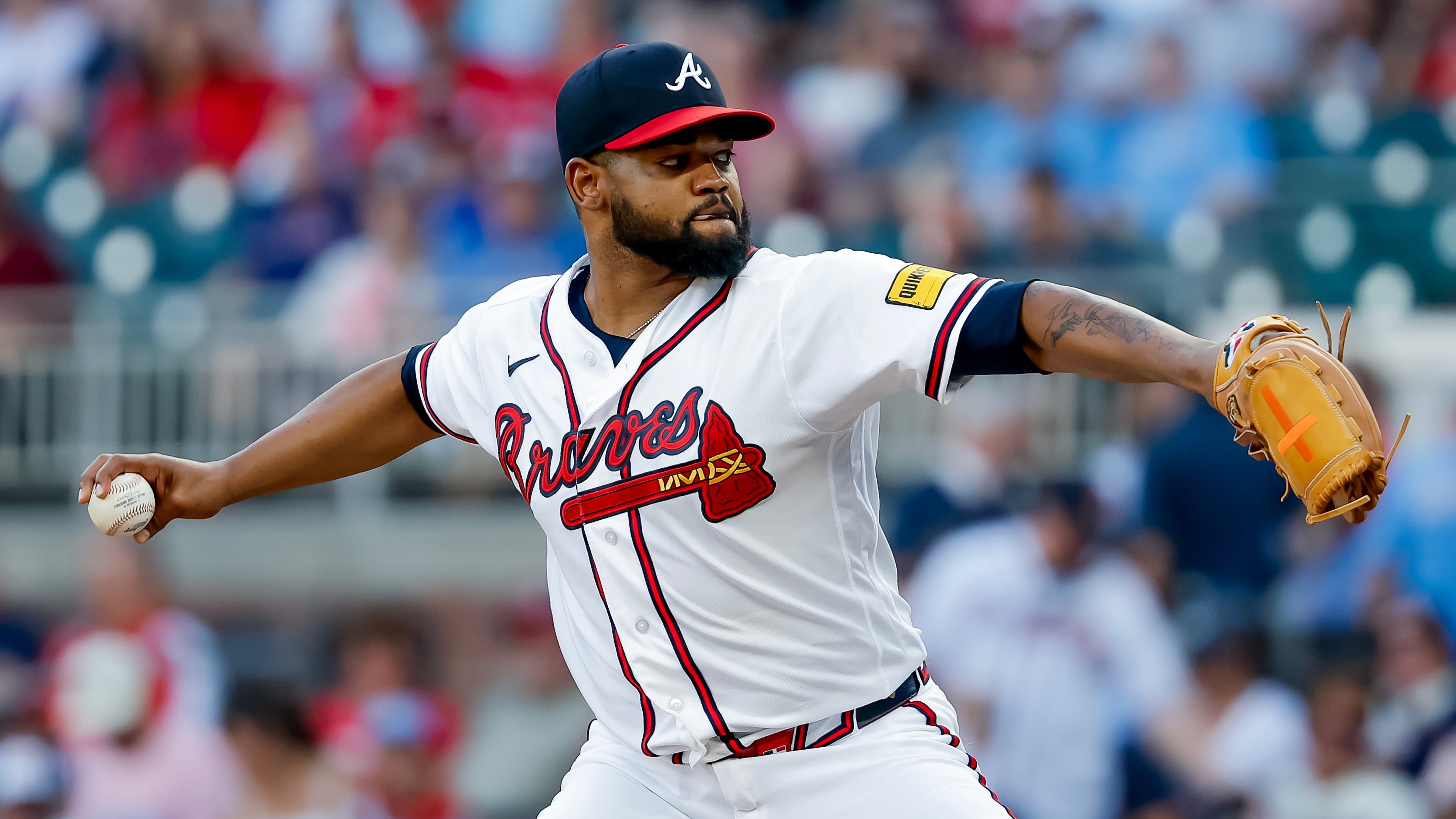 Atlanta Braves pitcher Reynaldo López delivers to a San Diego Padres batter during the first inning of a baseball game, Tuesday, July 21, 2026, in Atlanta. (AP Photo/Erik S. Lesser)