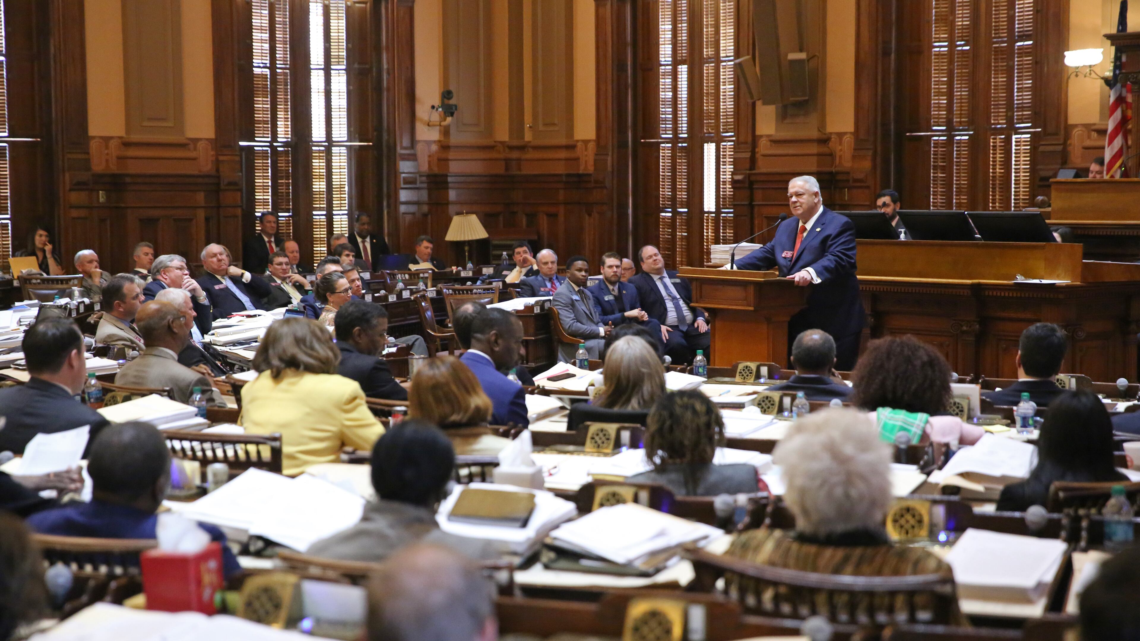 March 23, 2018 - Atlanta, Ga: House Speaker David Ralston speaks from the well as he honors the life of former Georgia Governor Zell Miller in the House Chamber during legislative day 38 at the Georgia State Capitol Friday, March 23, 2018, in Atlanta. The former governor and senator Zell Miller died Friday at the age of 86. PHOTO / JASON GETZ