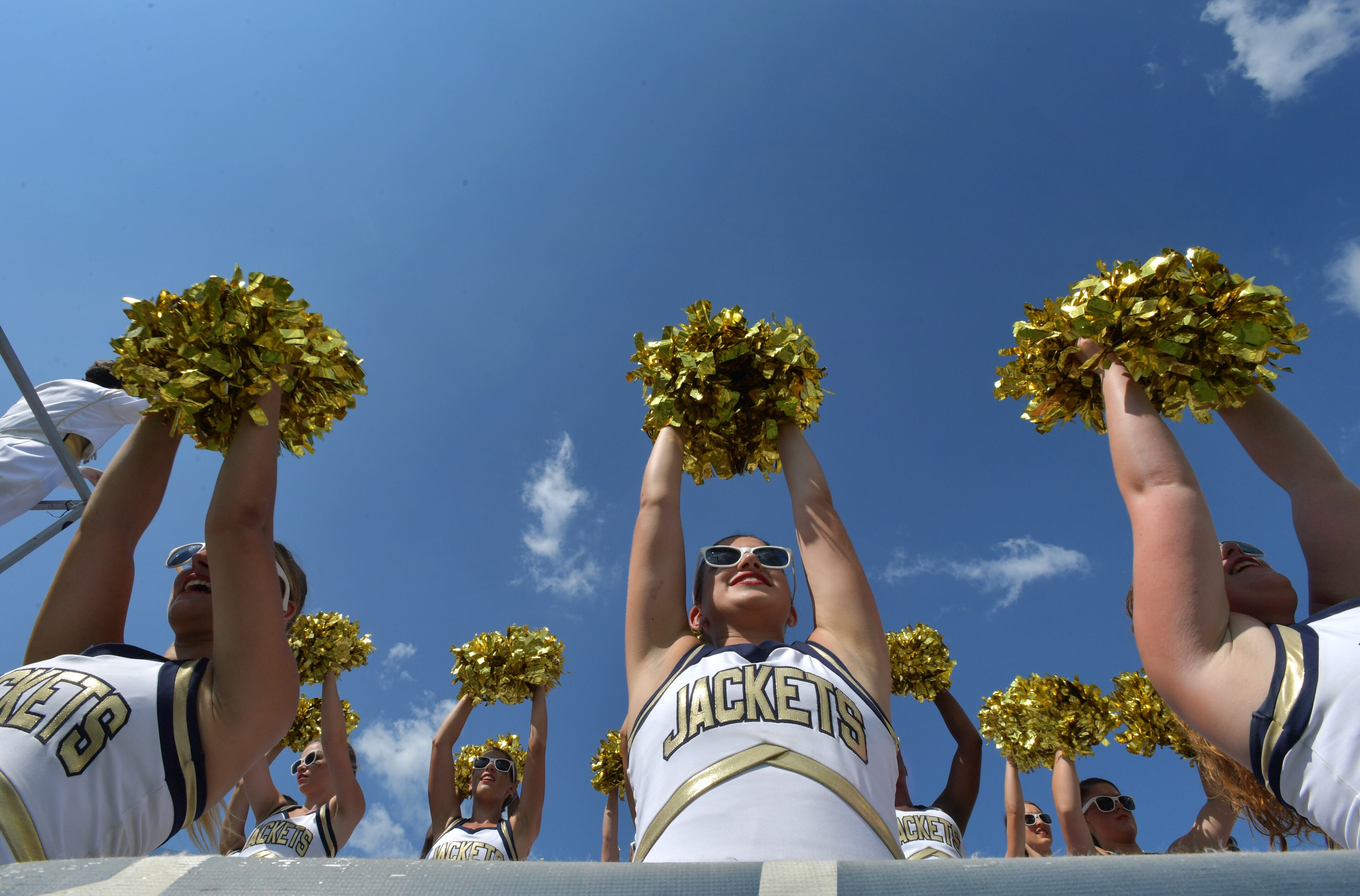 September 23, 2017 Atlanta - Georgia Tech cheerleaders perform in the second half of an NCAA college football game at Bobby Dodd Stadium on Saturday, September 23, 2017. Georgia Tech won 35 - 17 over the Pittsburgh. HYOSUB SHIN / HSHIN@AJC.COM