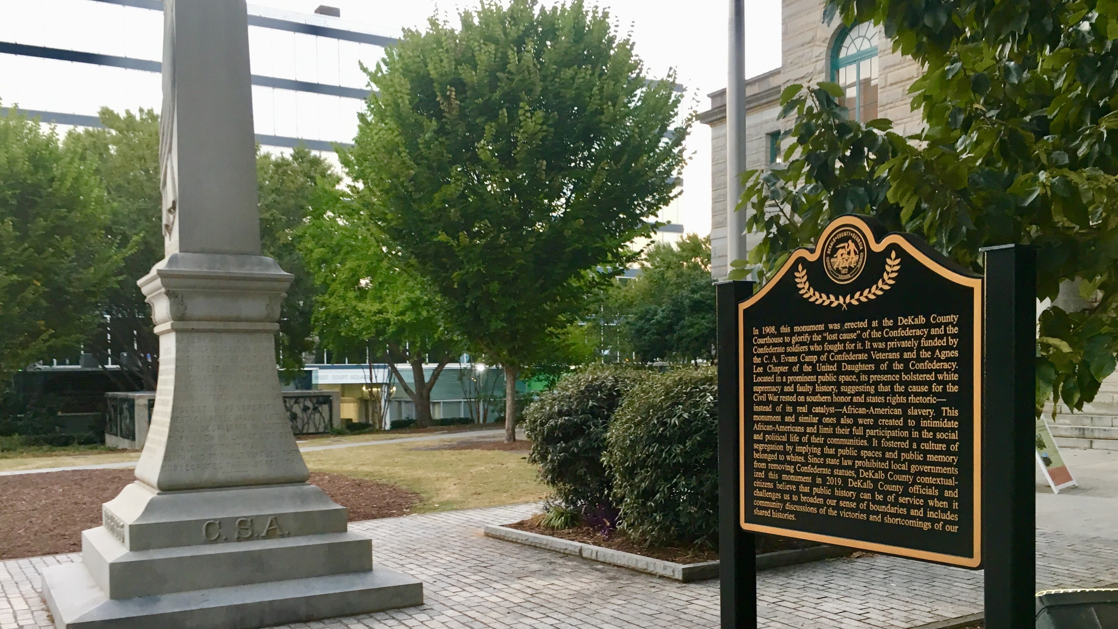 The new “contextual marker” next to the controversial 1908 Confederate memorial on Decatur’s square. Bill Banks for the AJC