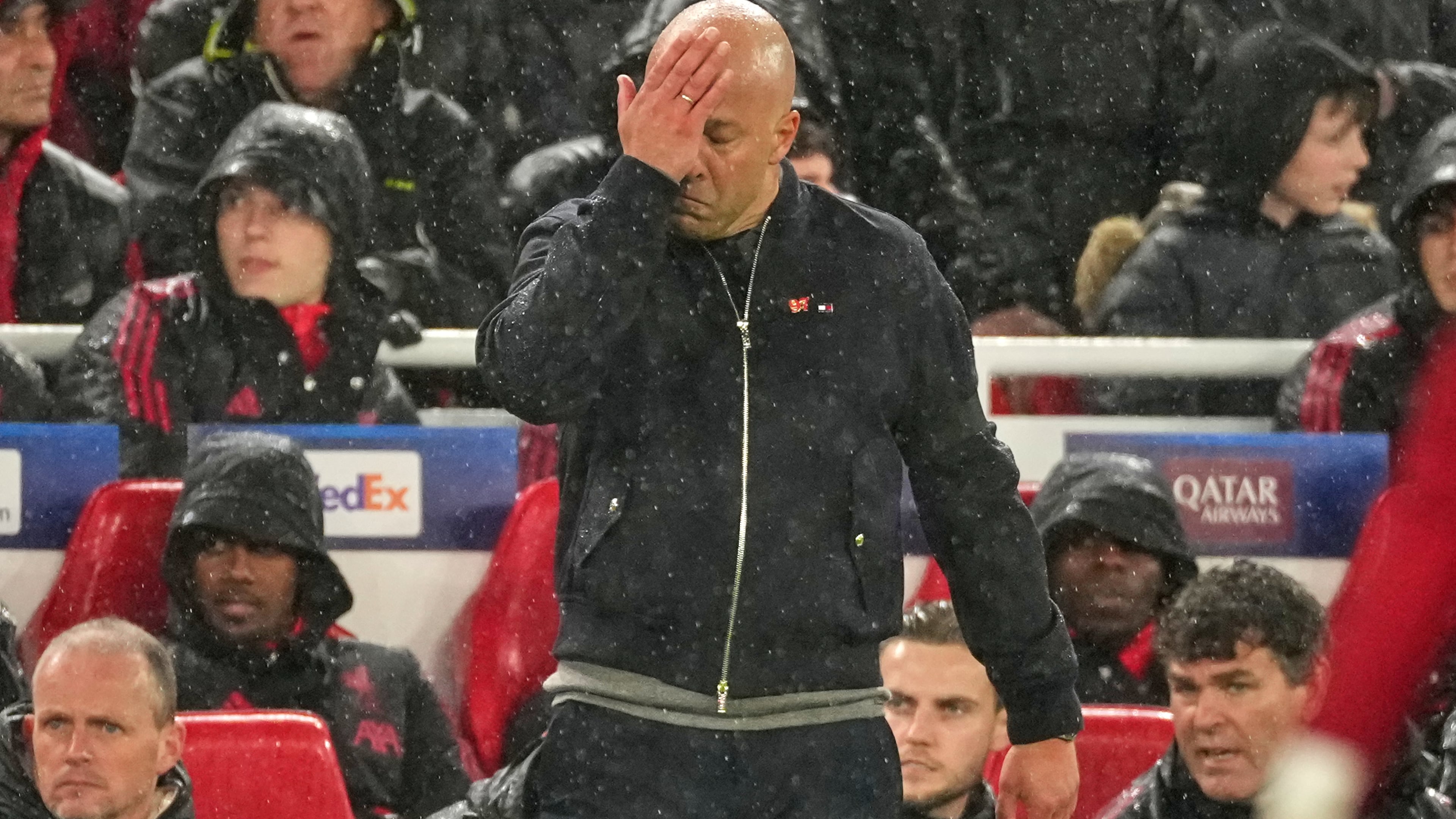 FILE - Liverpool's manager Arne Slot reacts on the touchline during the Champions League quarterfinal second leg soccer match between Liverpool and Paris Saint-Germain in Liverpool, England, Tuesday, April 14, 2026. (AP Photo/Dave Shopland, File)
