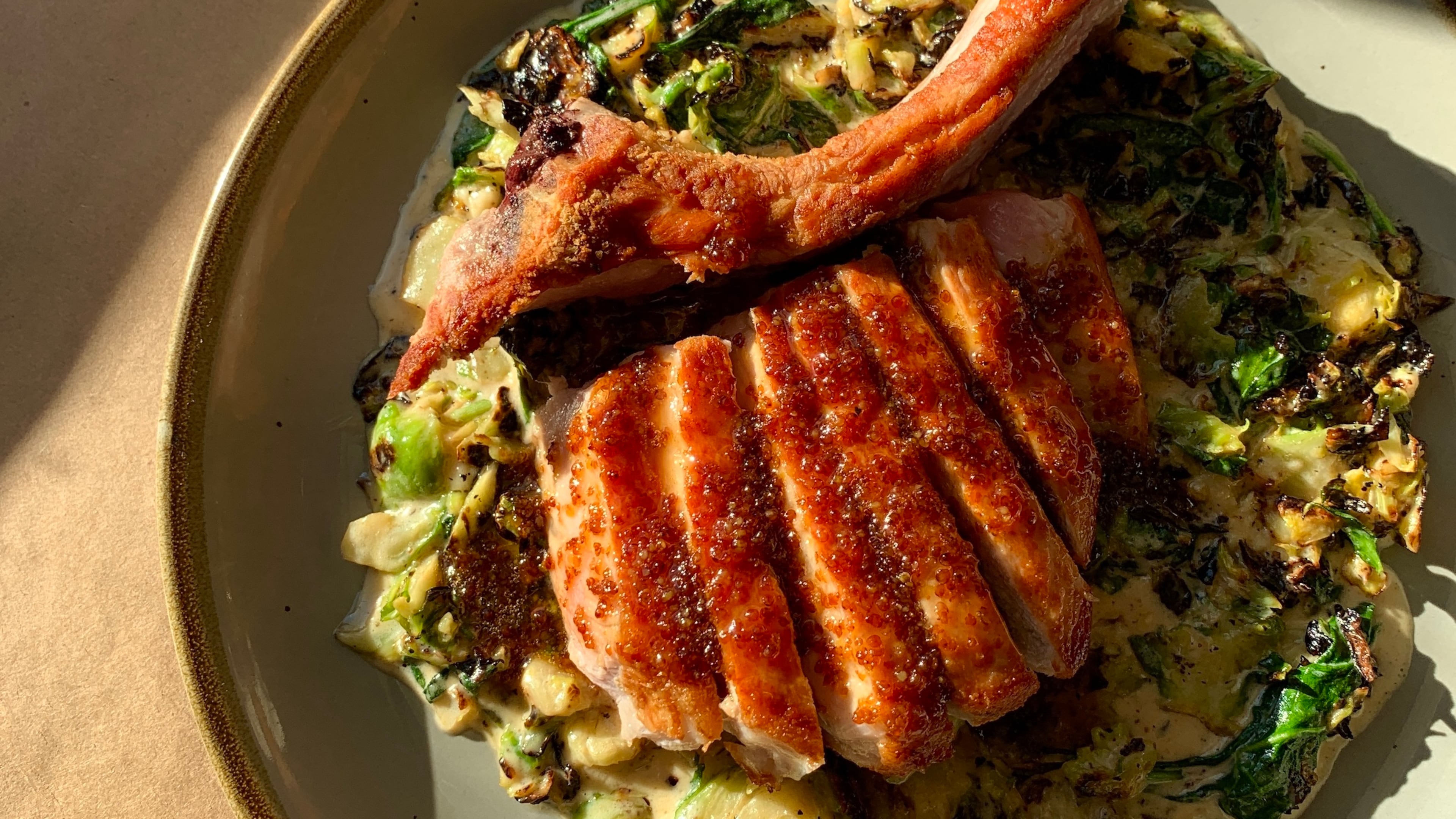 The Hill’s pan-seared Berkshire pork chop with honey mustard jus. (Courtesy of the Hill at Serenbe)