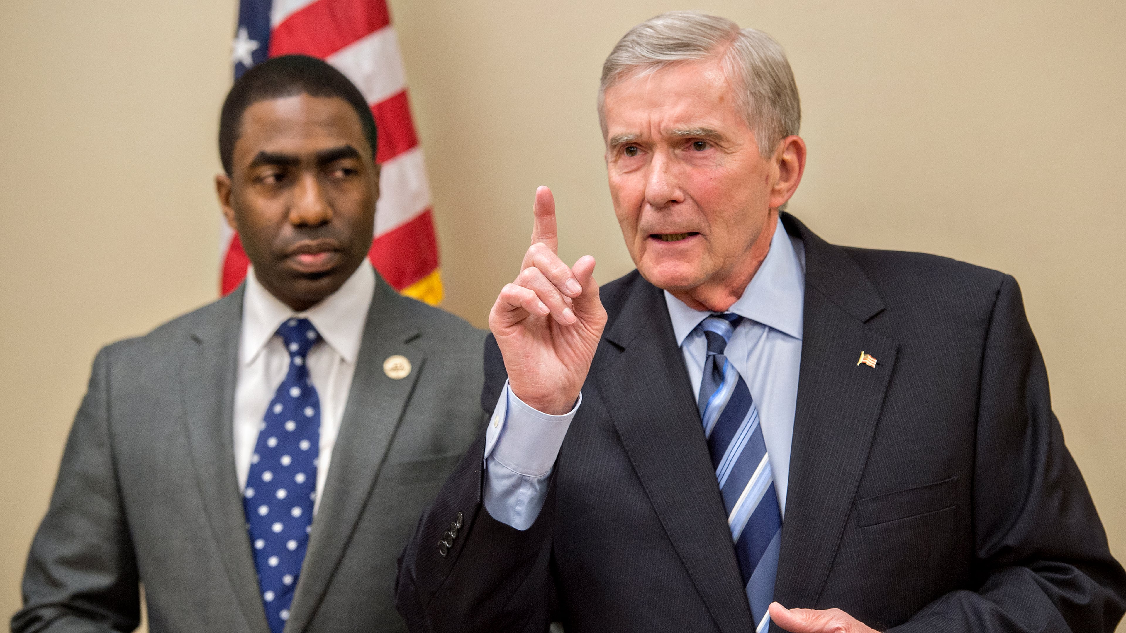 Former Attorney General Mike Bowers and Lee May, the interim CEO of DeKalb County, in March. “We’re going to root out conflicts of interest, corruption, malfeasance and misfeasance,” Bowers said, “so help me God.” JONATHAN PHILLIPS / SPECIAL