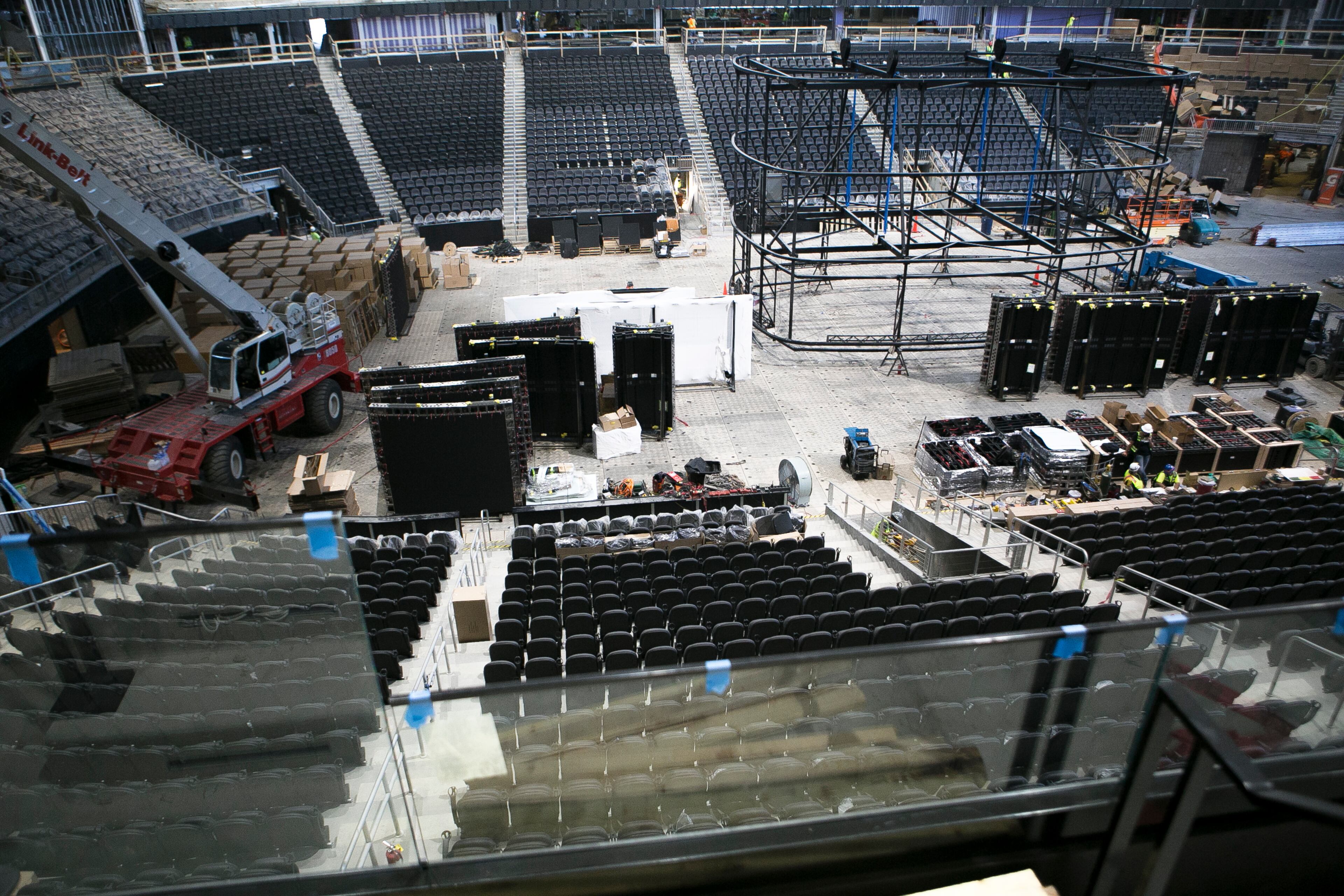 The main ballroom is shown under construction during a guided media tour through the in-progress renovations at the State Farm Arena in Atlanta, Ga., on Thurs., Sept. 20, 2018. The renovations, which total $192.5 million, are on track to be completed by the arena's scheduled open house on October 20. The current rate of progress is about $1 million of work per day, according to Brett Stefansson, Atlanta Hawks executive vice president and general manager of State Farm Arena. (CASEY SYKES, CASEYLANESYKES@GMAIL.COM)
