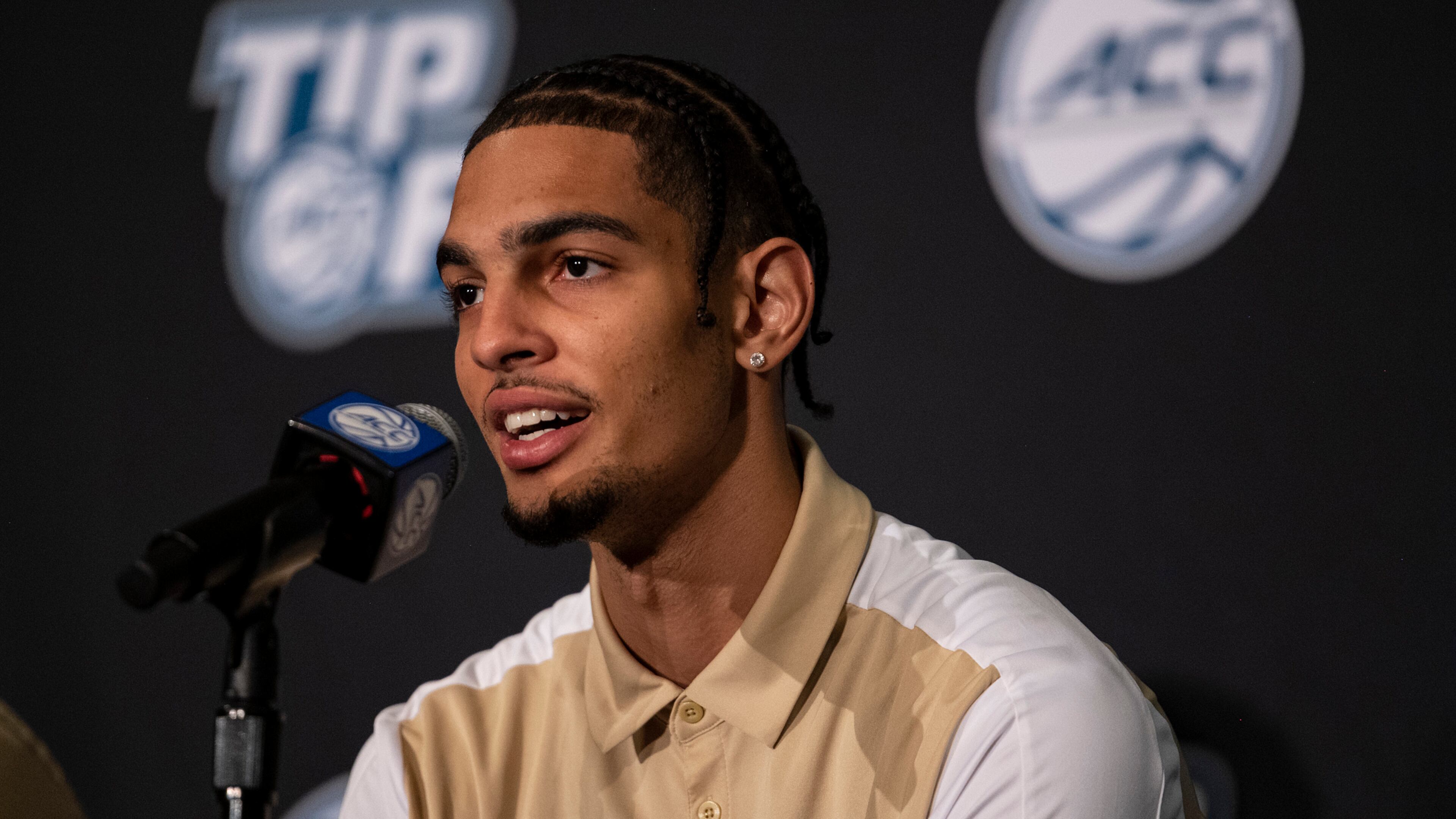 Georgia Tech guard Michael Devoe speaks during ACC media day, Tuesday, Oct. 12, 2021, in Charlotte, N.C. (Matt Kelley/AP)