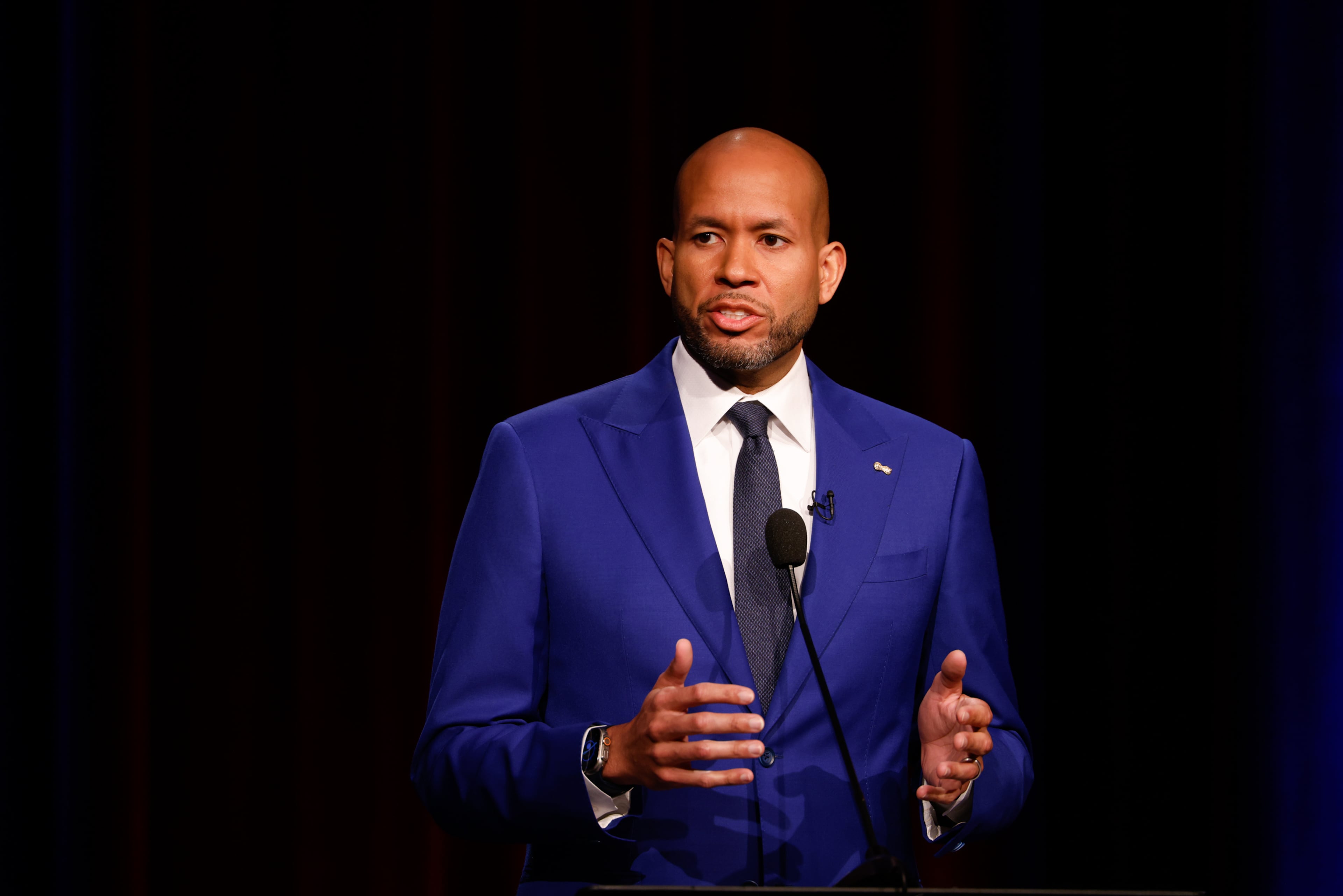 Democratic candidate for governor Jason Esteves, a former state senator, participates in the Atlanta Press Club Loudermilk-Young primary election debate on Monday. (Arvin Temkar/AJC)