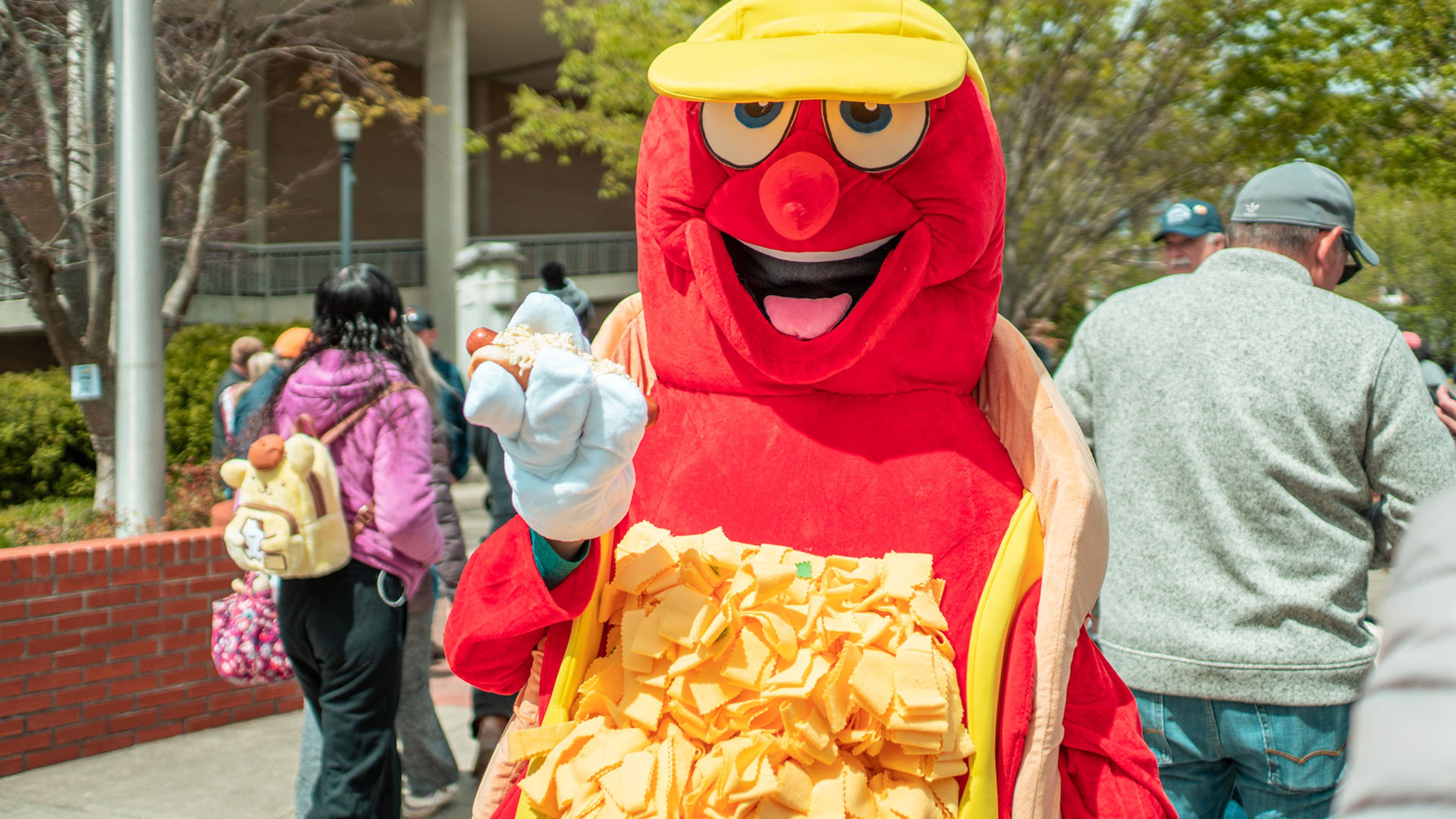 Sammy the Slaw Dog holds a hot dog covered in hot slaw at the Hot Slaw and Art Y'all festival in Cleveland, Tennessee. Courtesy of the Cleveland Chamber of Commerce