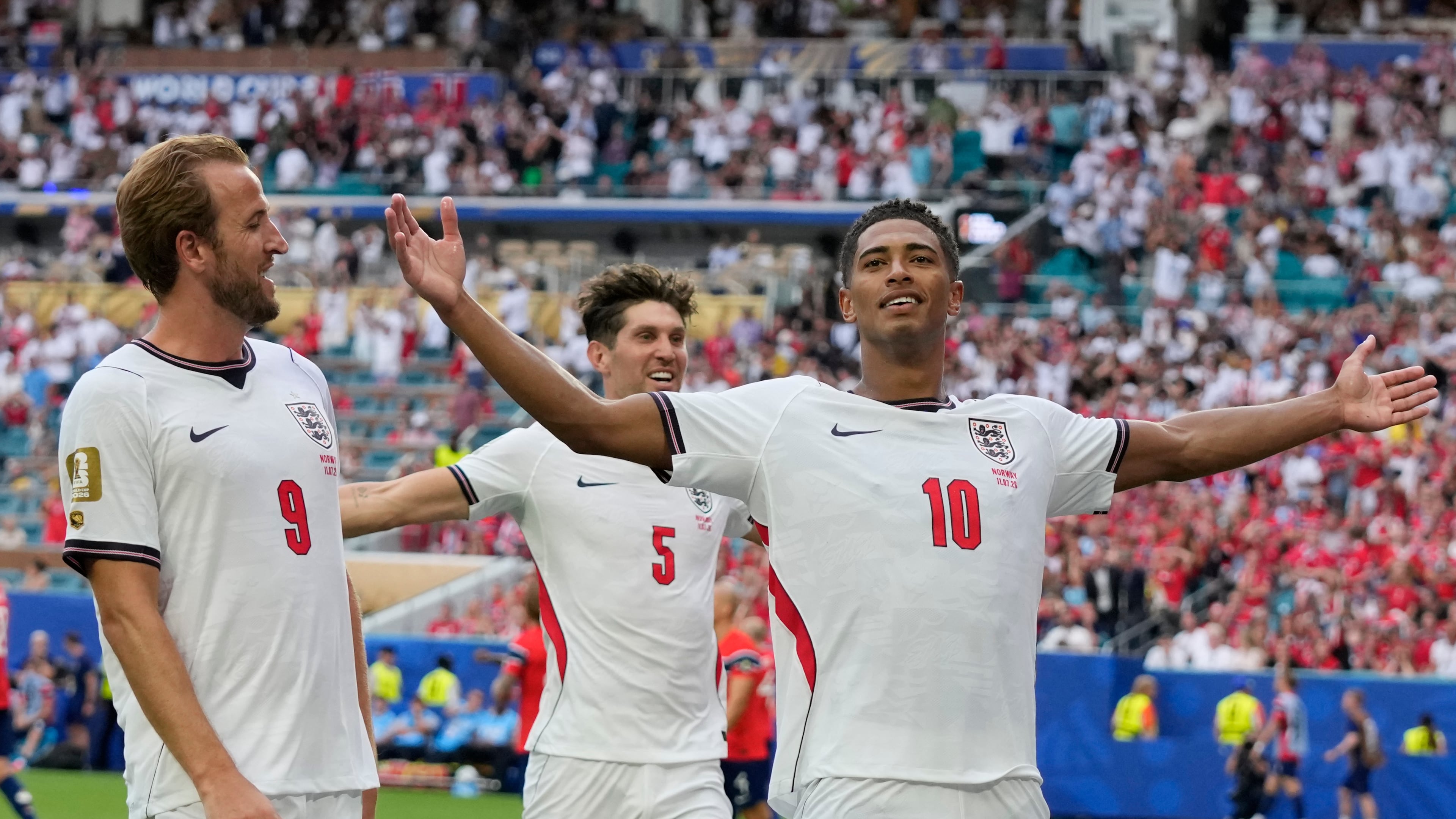 England's Jude Bellingham (right) celebrates next to Harry Kane after scoring his side's second goal against Norway during the World Cup quarterfinal soccer match in Miami Gardens, Fla., Saturday, July 11, 2026. (Lynne Sladky/AP)
