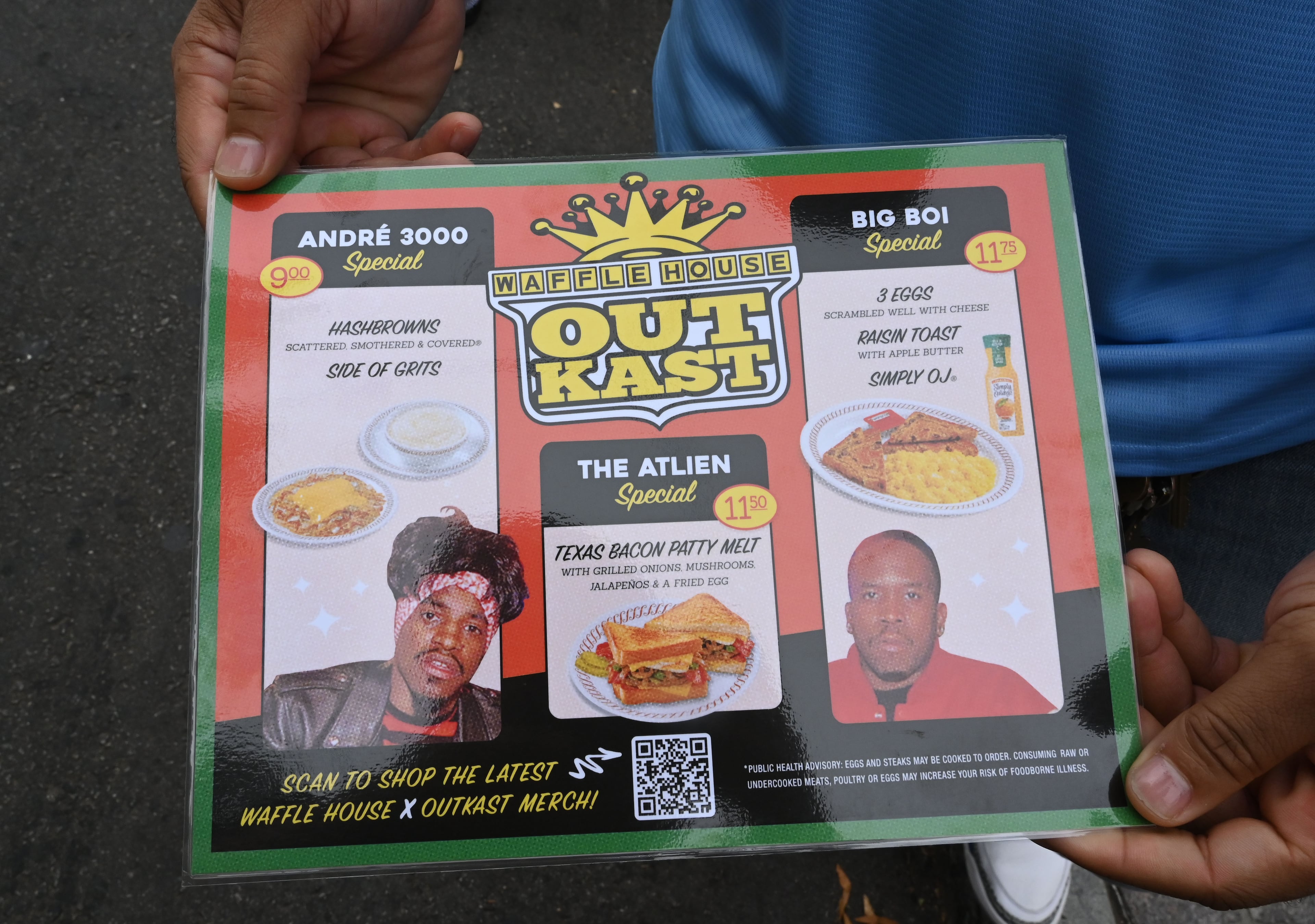Mark Jacobs' souvenir food menu shows Waffle House's specials inspired by Outkast members Andre 3000 and Big Boi. (Hyosub Shin/AJC)