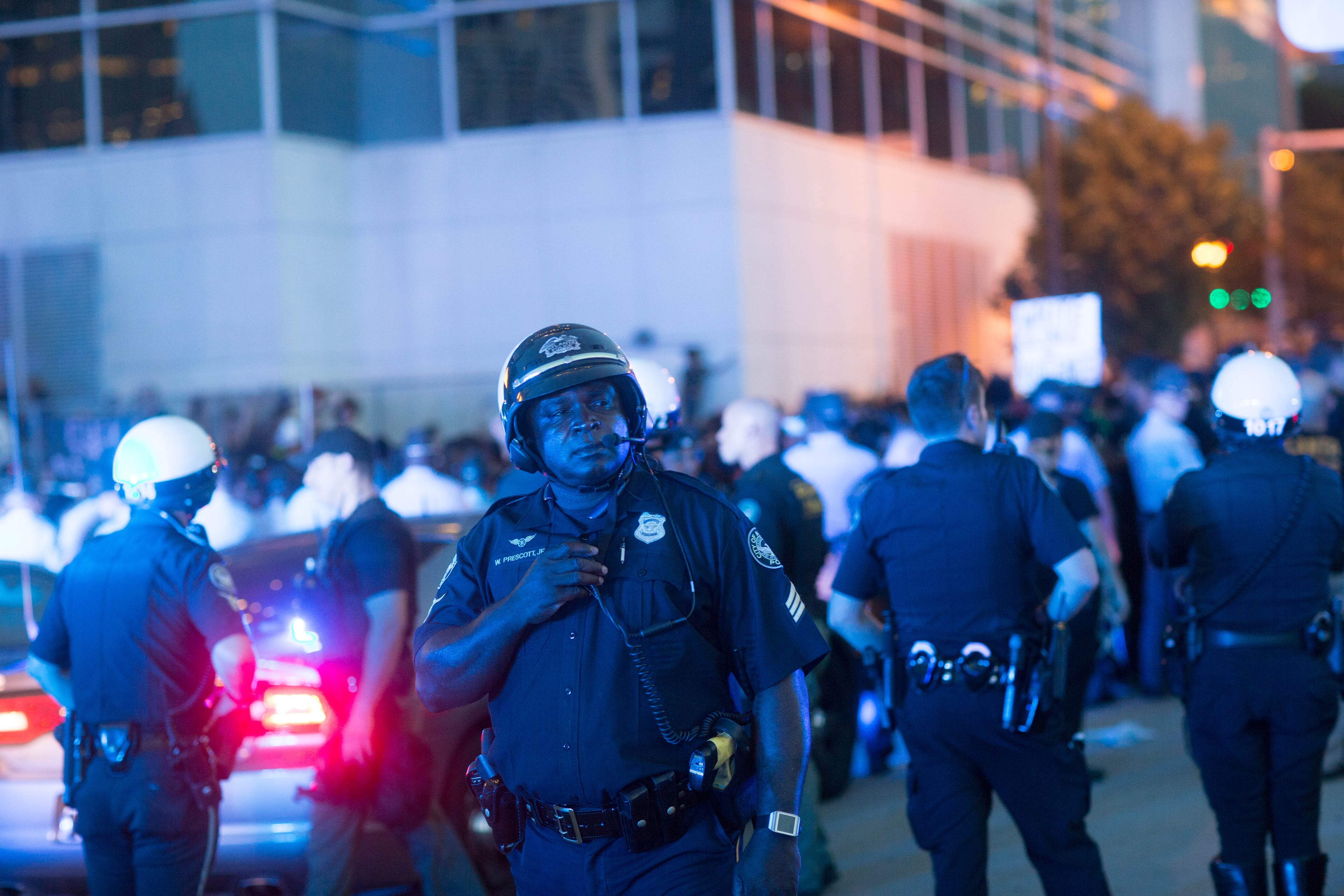 Officers standoff with demonstrators at the I-75/85 Williams Street exit, Friday, July 8, 2016. Demonstrators gathered following the deaths of Alton Sterling, 37, who was killed by Baton Rouge police outside of a convenience store where he was selling CDs, and Philando Castile, who was shot and killed when Minnesota police stopped him for a traffic violation on Wednesday evening.