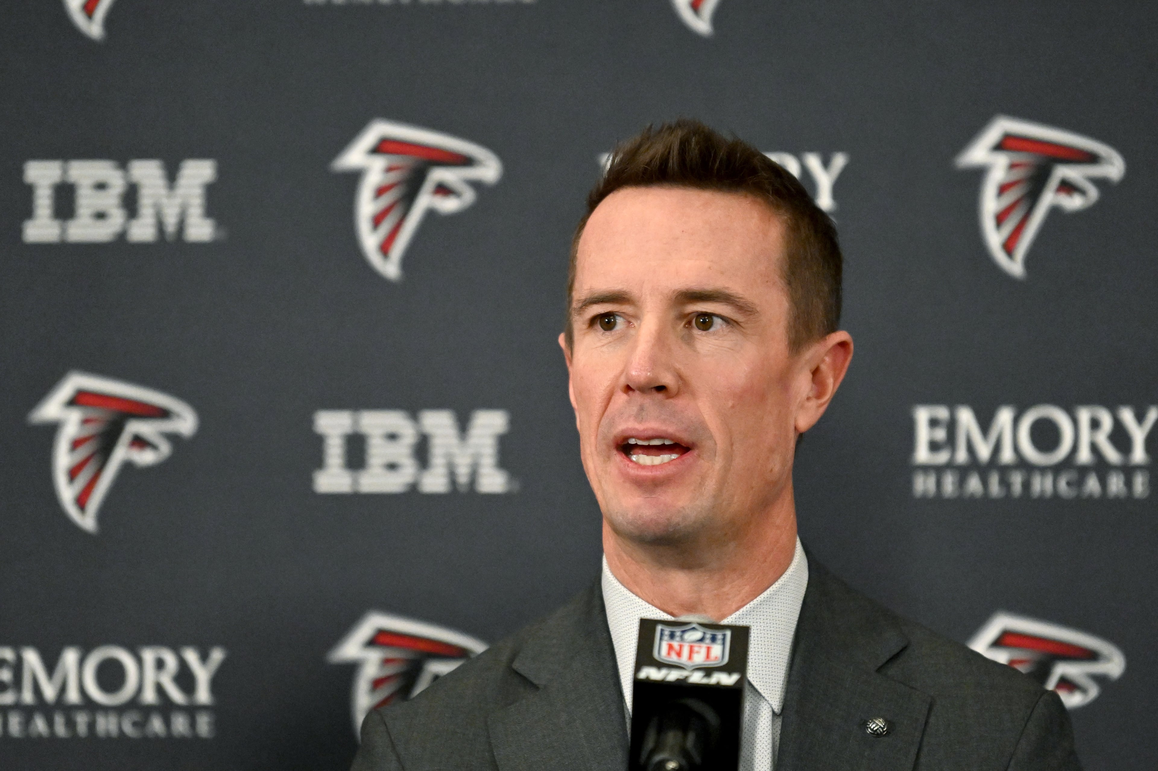 New Atlanta Falcons president of football Matt Ryan speaks to members of the press during a news conference to introduce Ryan as the Falcons' president of football, Tuesday, Jan. 13, 2026, in Flowery Branch. (Hyosub Shin/AJC)