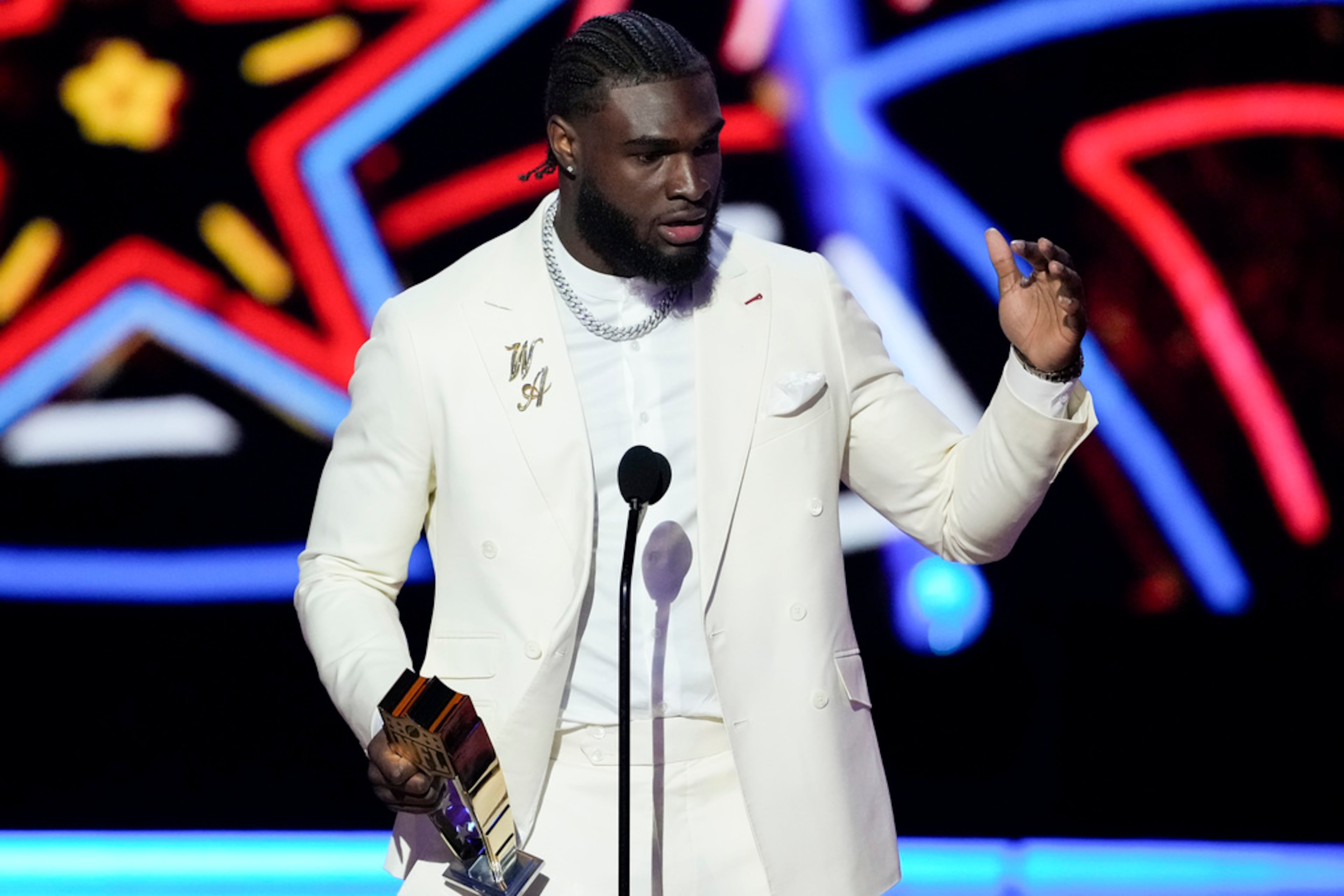 Houston Texans' Will Anderson, AP defensive rookie of the year speaks during the NFL Honors award show ahead of the Super Bowl 58 football game Thursday, Feb. 8, 2024, in Las Vegas. The San Francisco 49ers face the Kansas City Chiefs in Super Bowl 58 on Sunday. (AP Photo/David J. Phillip)