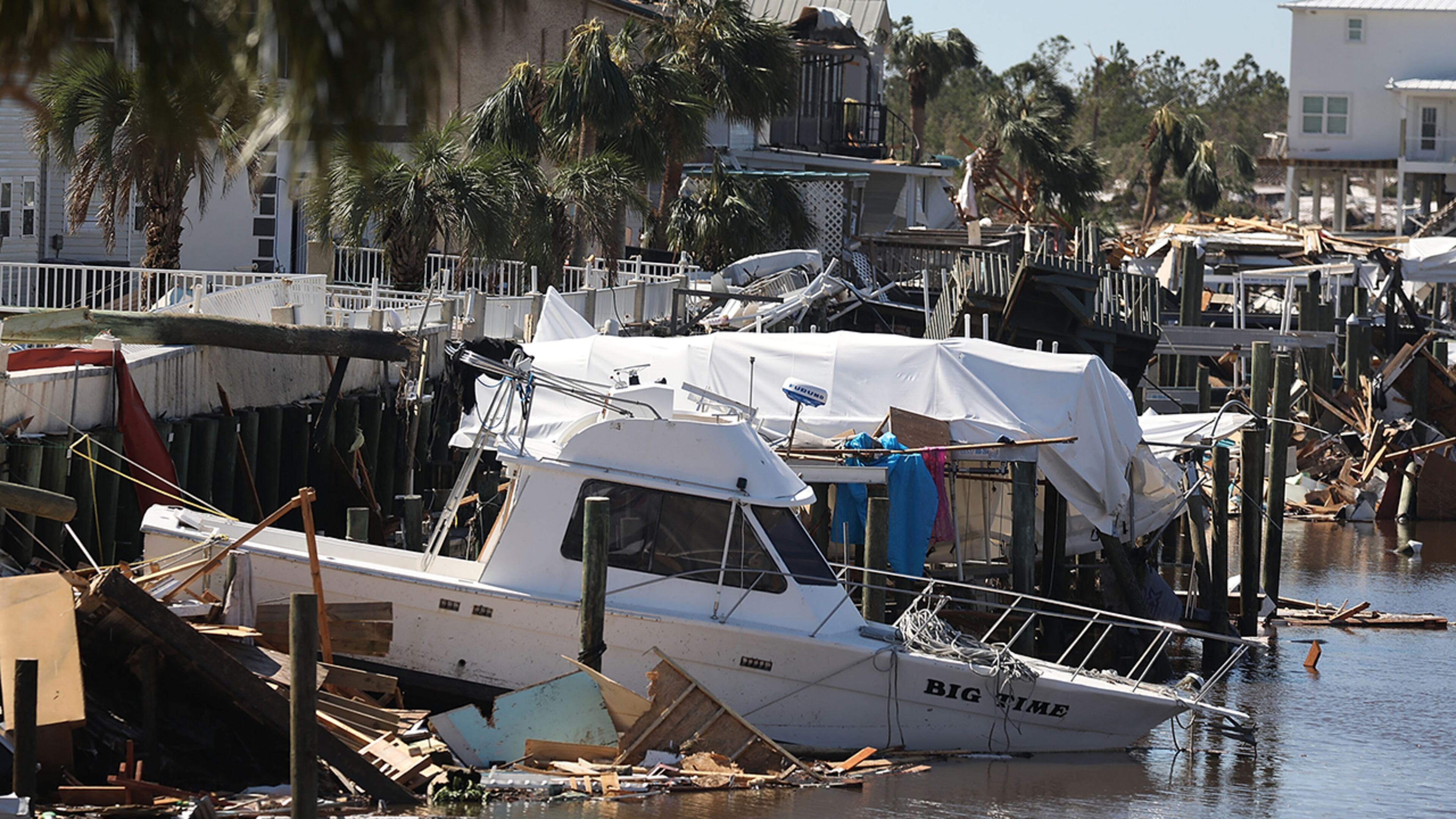 MEXICO BEACH, FL - OCTOBER 11: Damaged boats and docks are seen after Hurricane Michael passed through the area on October 11, 2018 in Mexico Beach, Florida. The hurricane hit the panhandle area with category 4 winds causing major damage. (Photo by Joe Raedle/Getty Images)