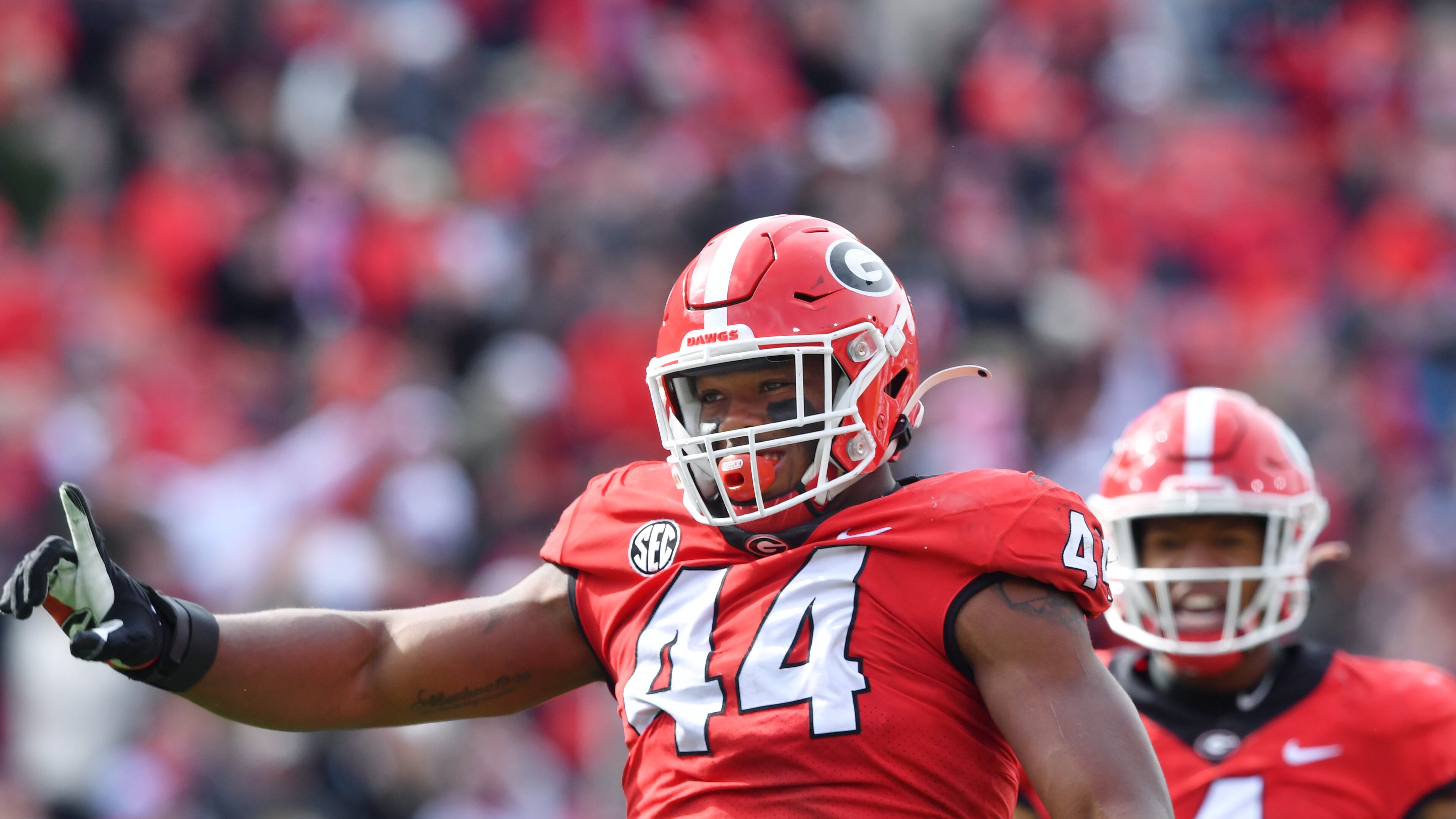 Former Georgia defensive lineman Travon Walker (44) will try to impress this week at the NFL scouting combine in Indianapolis. (Hyosub Shin / Hyosub.Shin@ajc.com)
