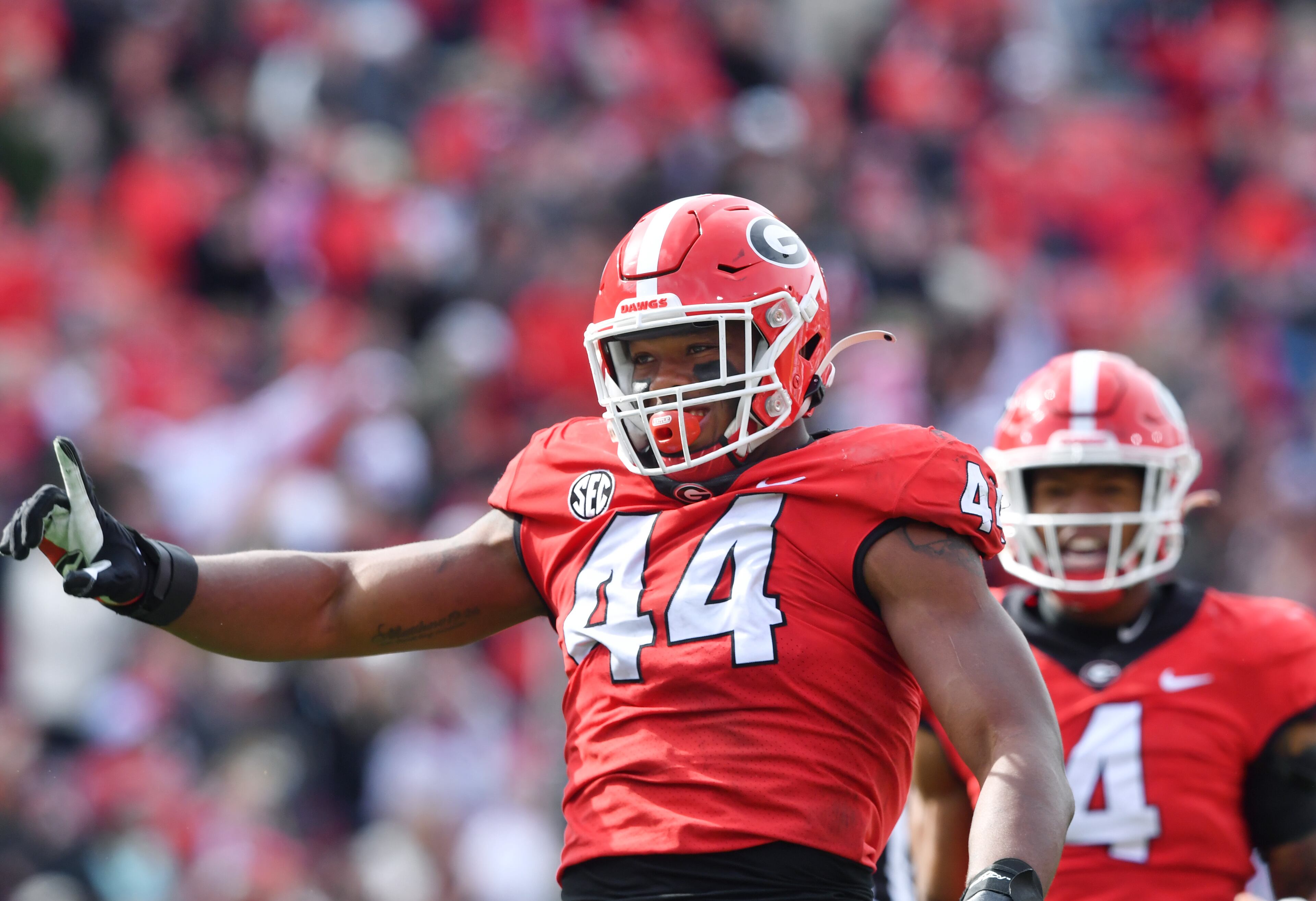 Georgia's defensive lineman Travon Walker (44) celebrates after he sacked Missouri's quarterback Tyler Macon in the second half during a NCAA football game at Sanford Stadium in Athens on Saturday, November 6, 2021. Georgia won 43-6 over Missouri. (Hyosub Shin / Hyosub.Shin@ajc.com)