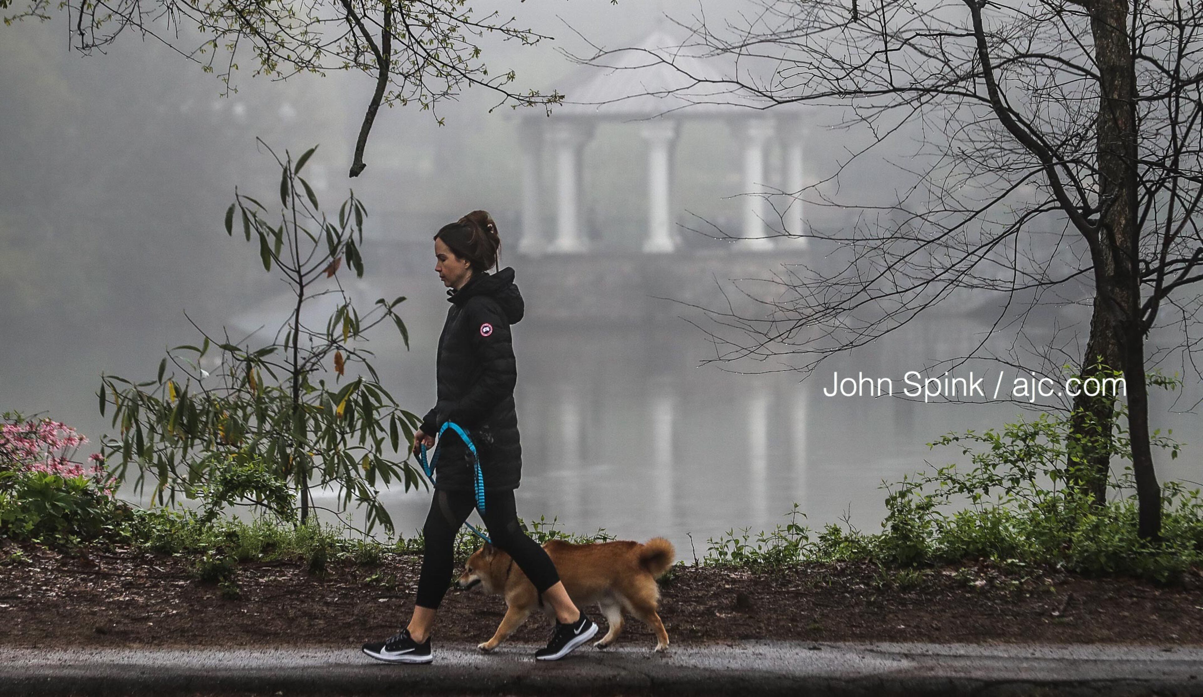 Sydney Gatti walks her dog, Mr. Ciao, at Piedmont Park in the fog Tuesday morning.